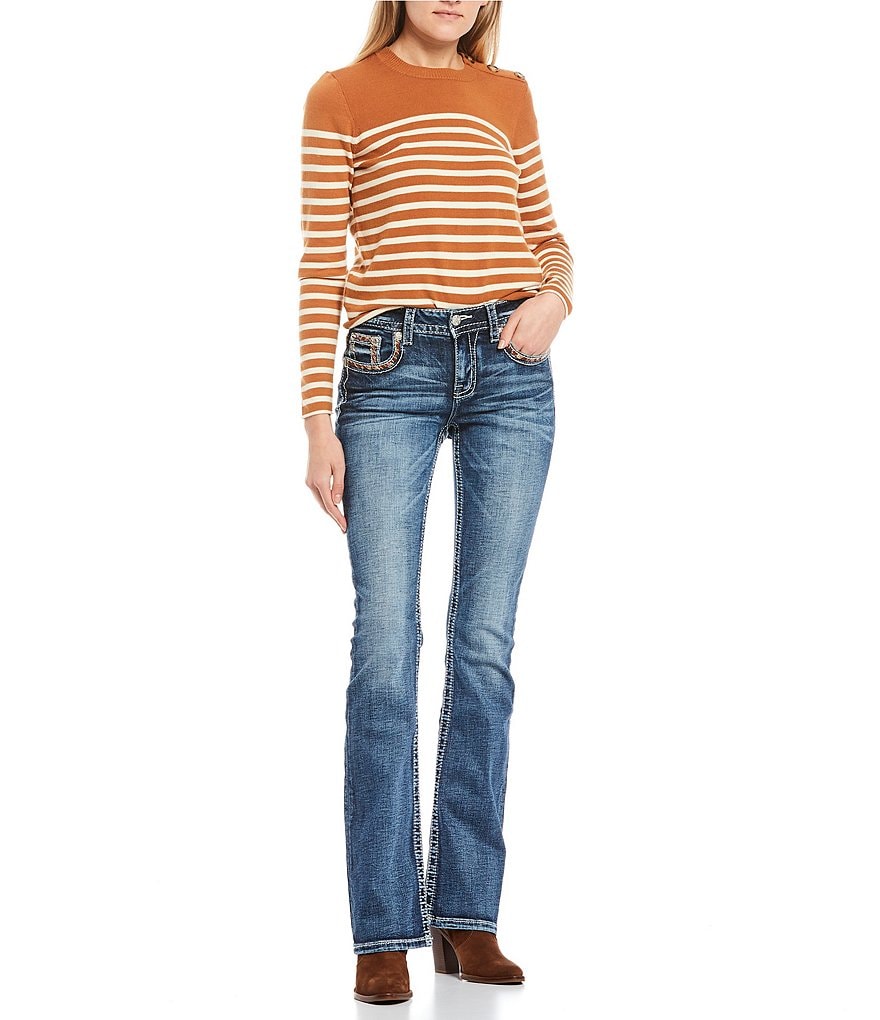 Miss Me Happily Fleur Embroidered Fleur De Lis Flap Pocket Mid Rise Bootcut Jeans