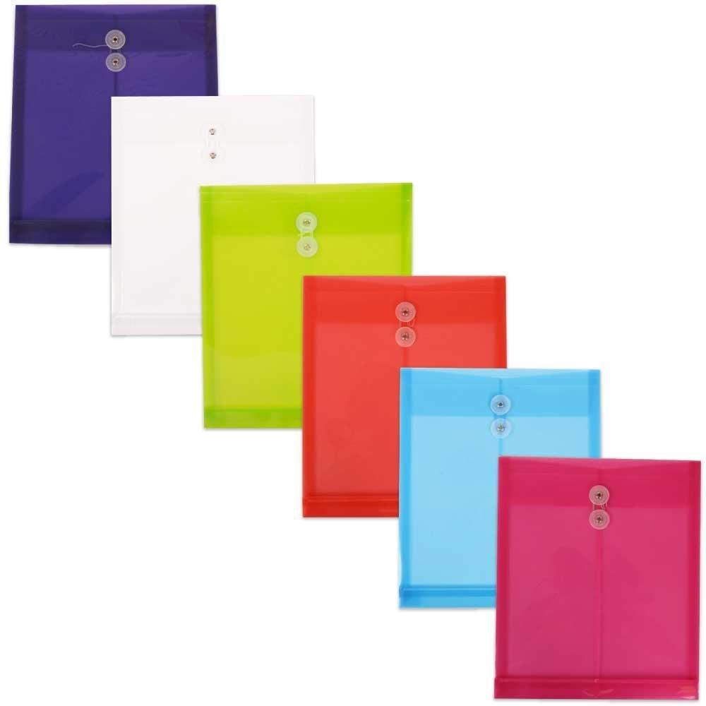 JAM PAPER Plastic Envelopes with Button & String Tie Closure - Letter Open End - 9 3/4 x 11 3/4 - Assorted Colors - 6/Pack