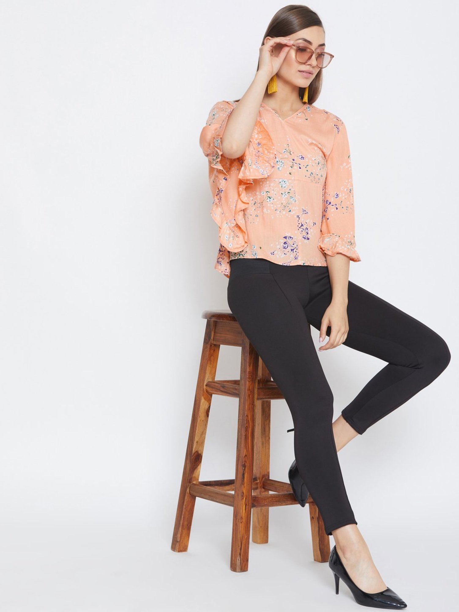 PURYS Peach Floral Print Top