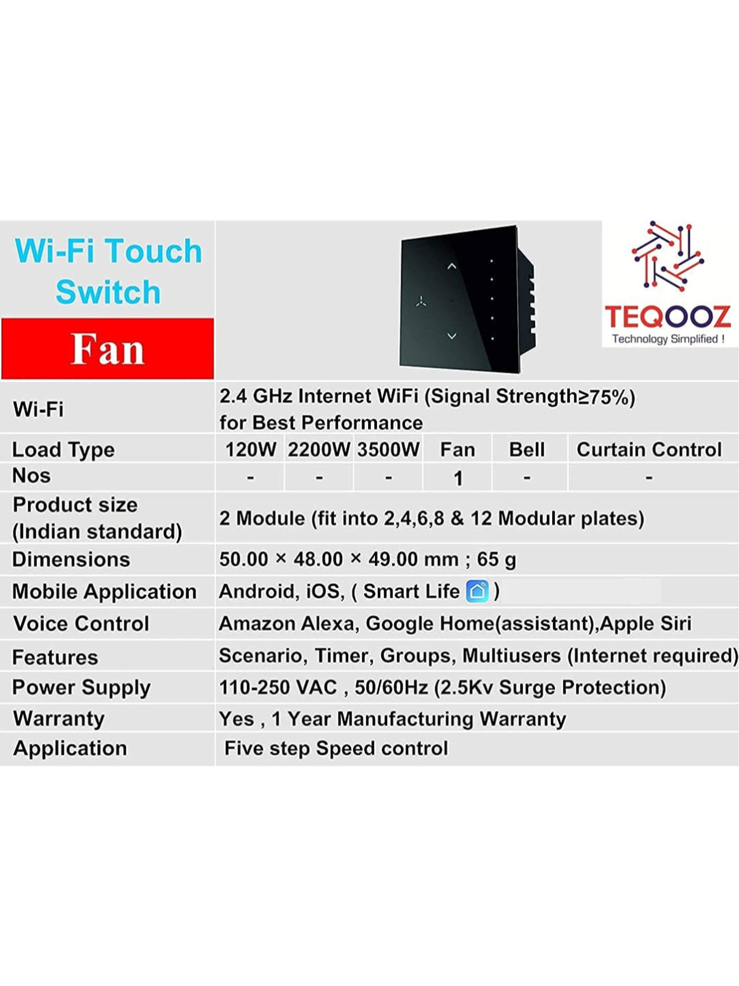 Teqooz Smart Fan Regulator Wi-Fi plus Bluetooth Touch Switch (Black)