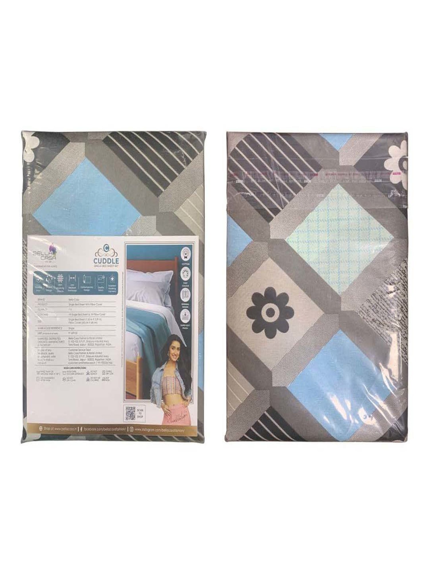 BELLA CASA Cuddle Floral Teal Blue 150 TC Cotton Single Bedsheet with 1 Pillow Cover