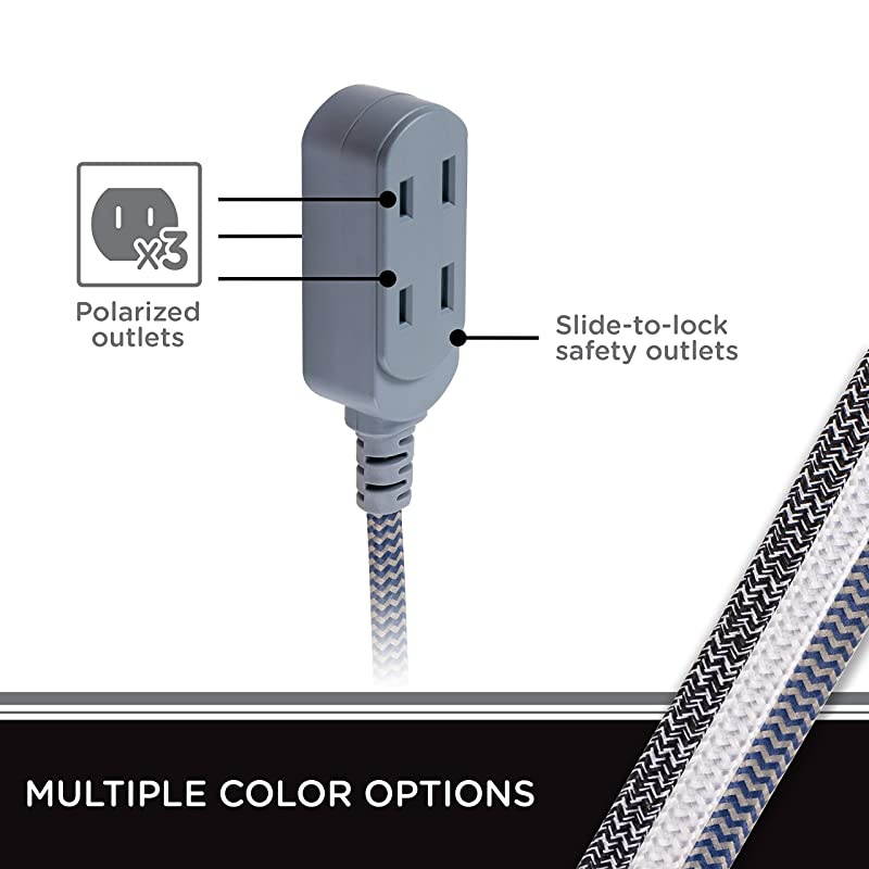 43434T1 NavyGray Designer 3 Extension 2 Prong Power Strip Extra Long 15 Ft Cable with Flat Plug Braided Chevron Fabric Cord SlidetoClose Safety Outlets 43434
