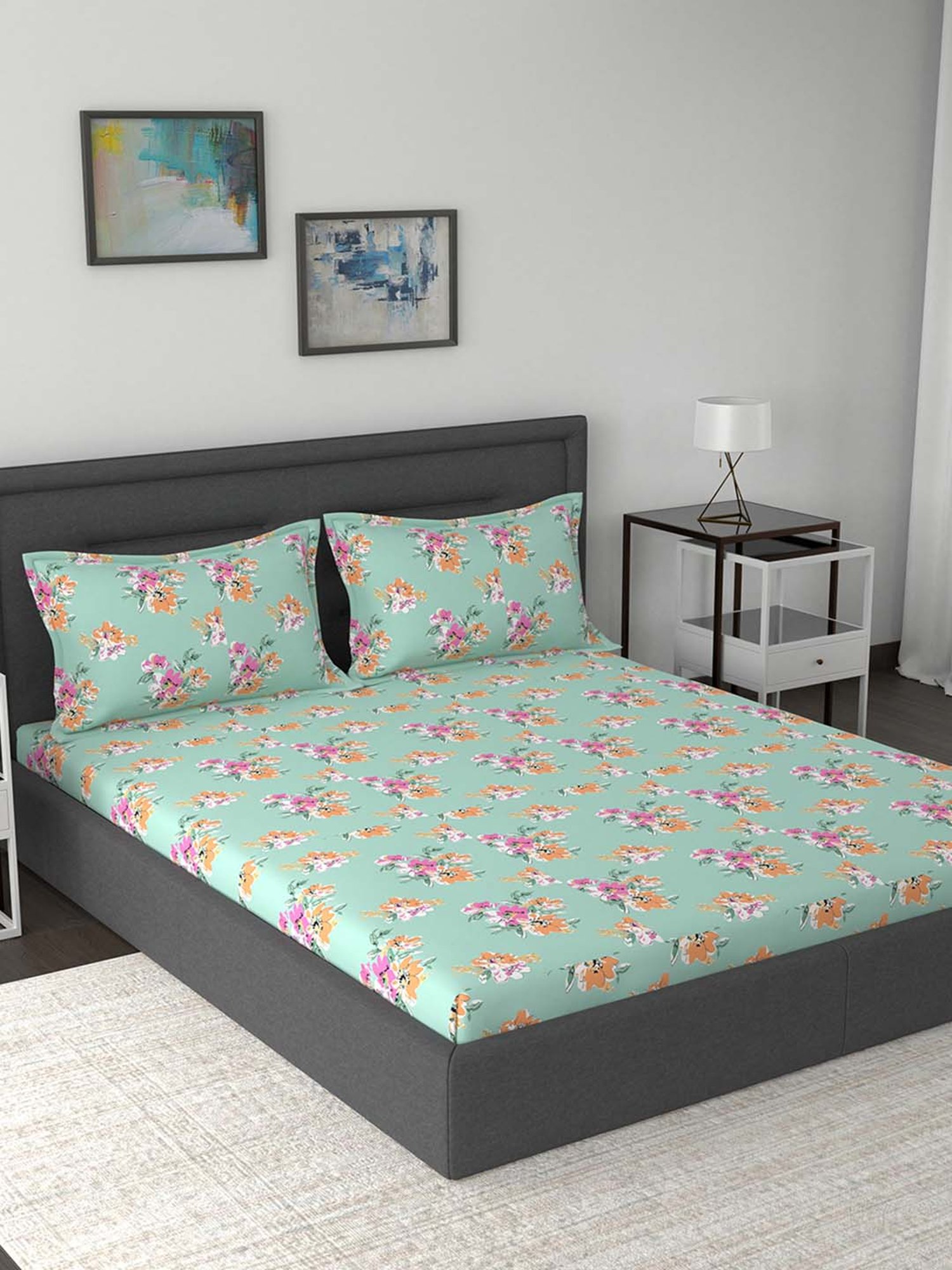 Maspar Modern Sanctuary Green & Orange Cotton 210 TC Bed Sheet Set