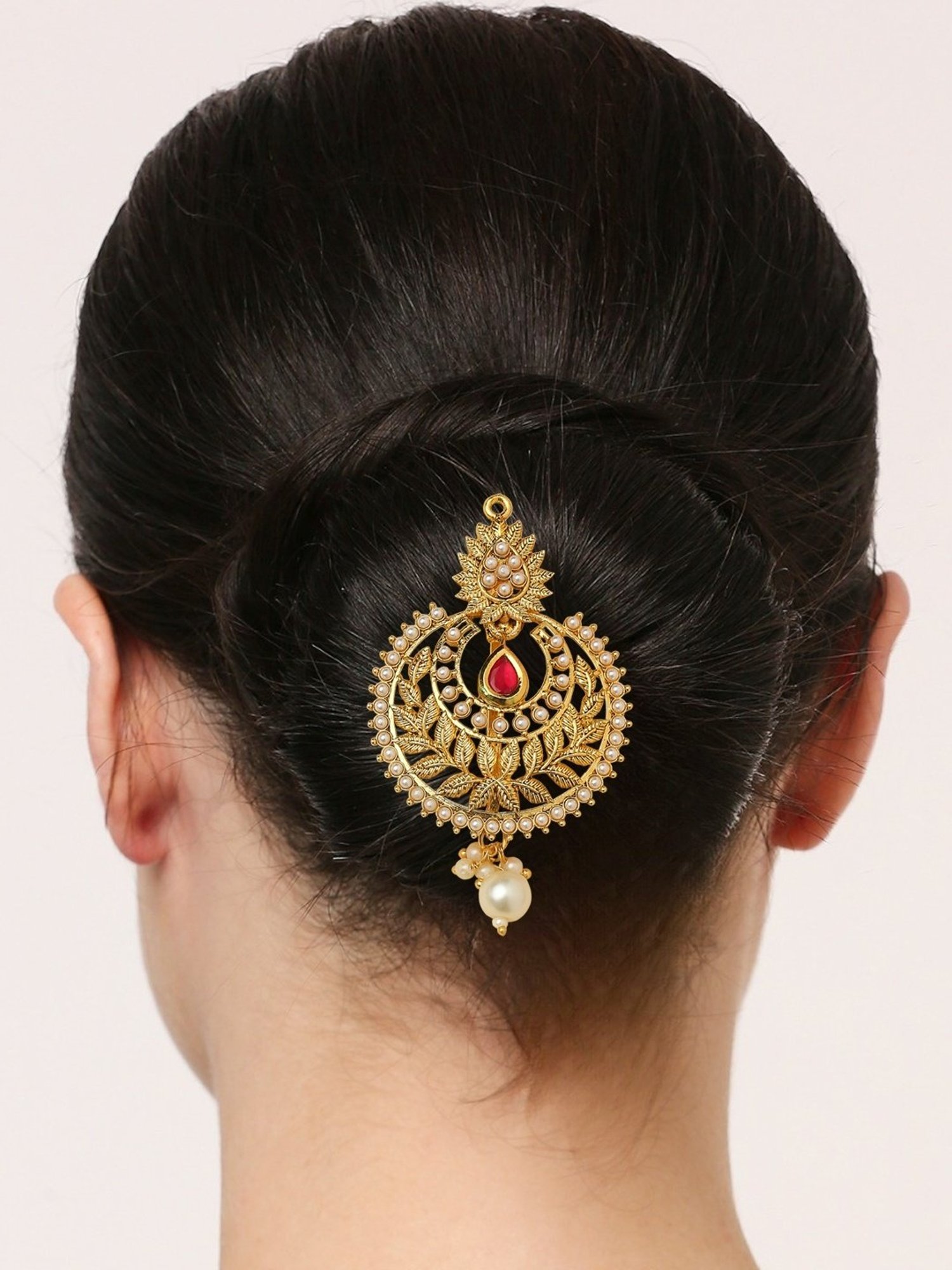 OOMPH Gold Tone Kundan Ethnic Chandbali Style Hair Bun Pin Juda Pin