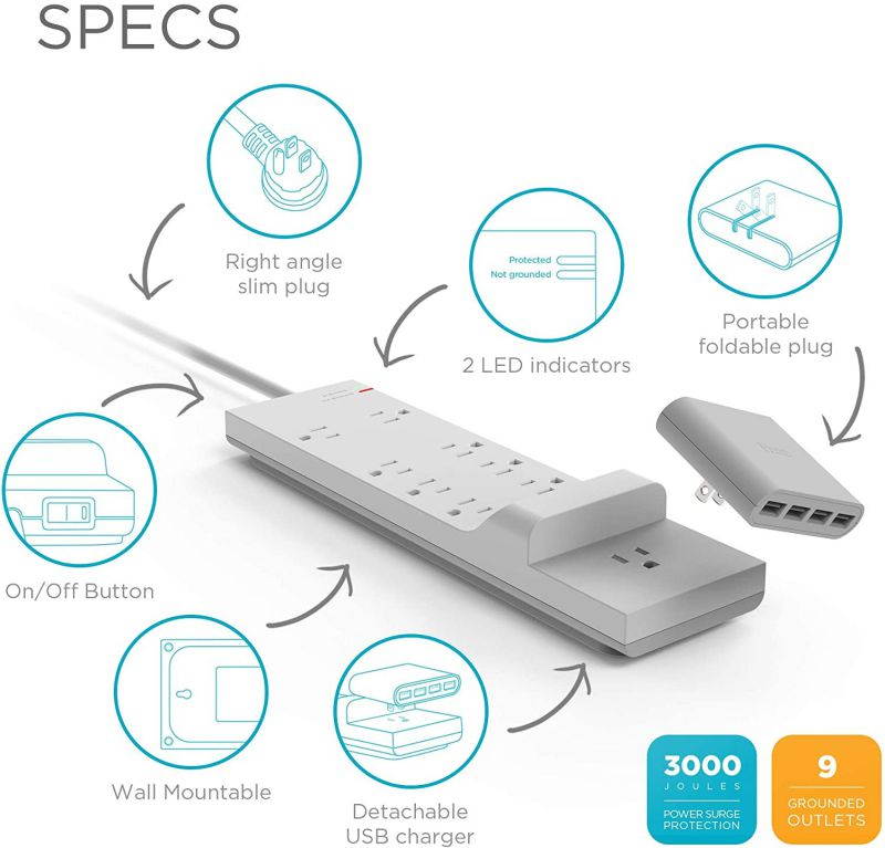 iHome Power Strip: AC Pro + Surge Protector - Outlet Extender with 9 AC Outlets, Detachable 4 Port 5.4A USB Wall Charger, 6 ft Extension Cord and 3,000 Joule Surge Protection