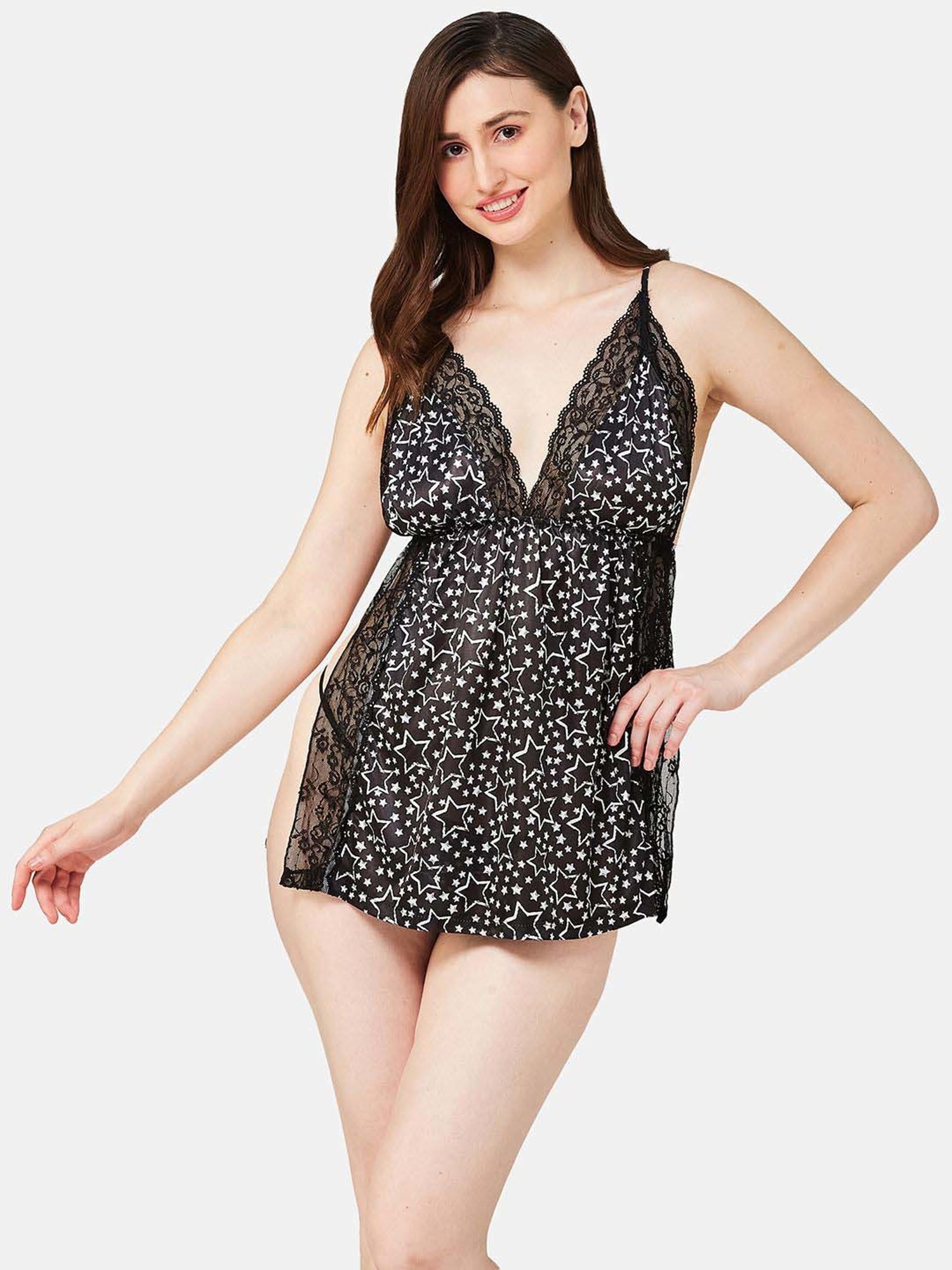 Secrets By ZeroKaata Black Printed Babydoll With Panty