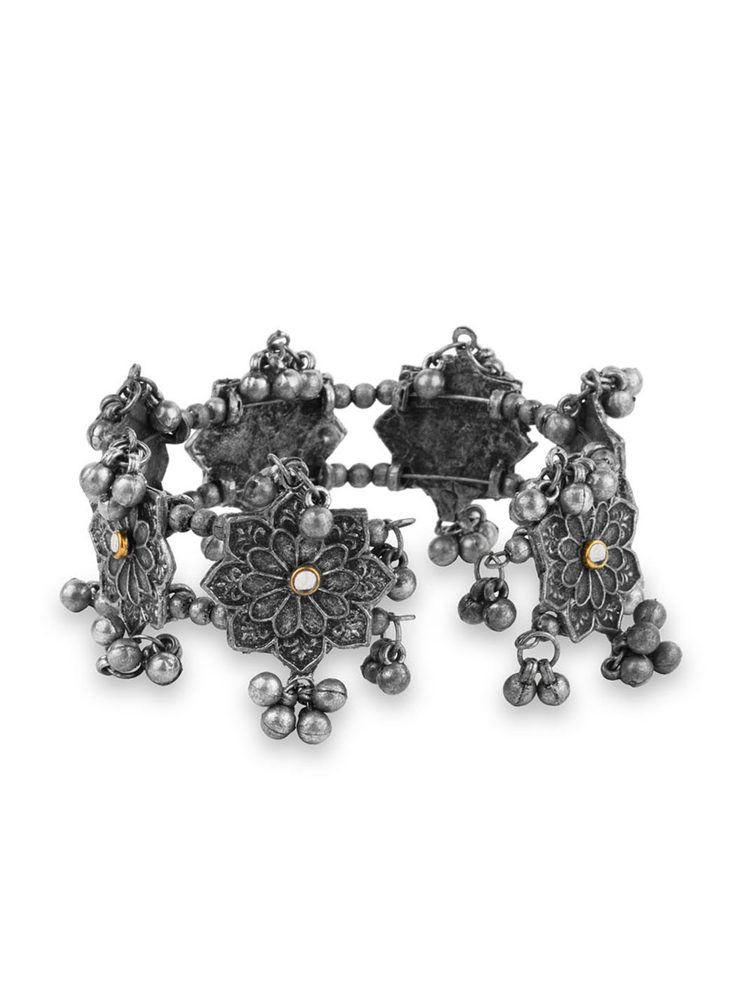 Fida Ethnic Silver-Plated Floral Adjustable Cuff Bracelet for Women