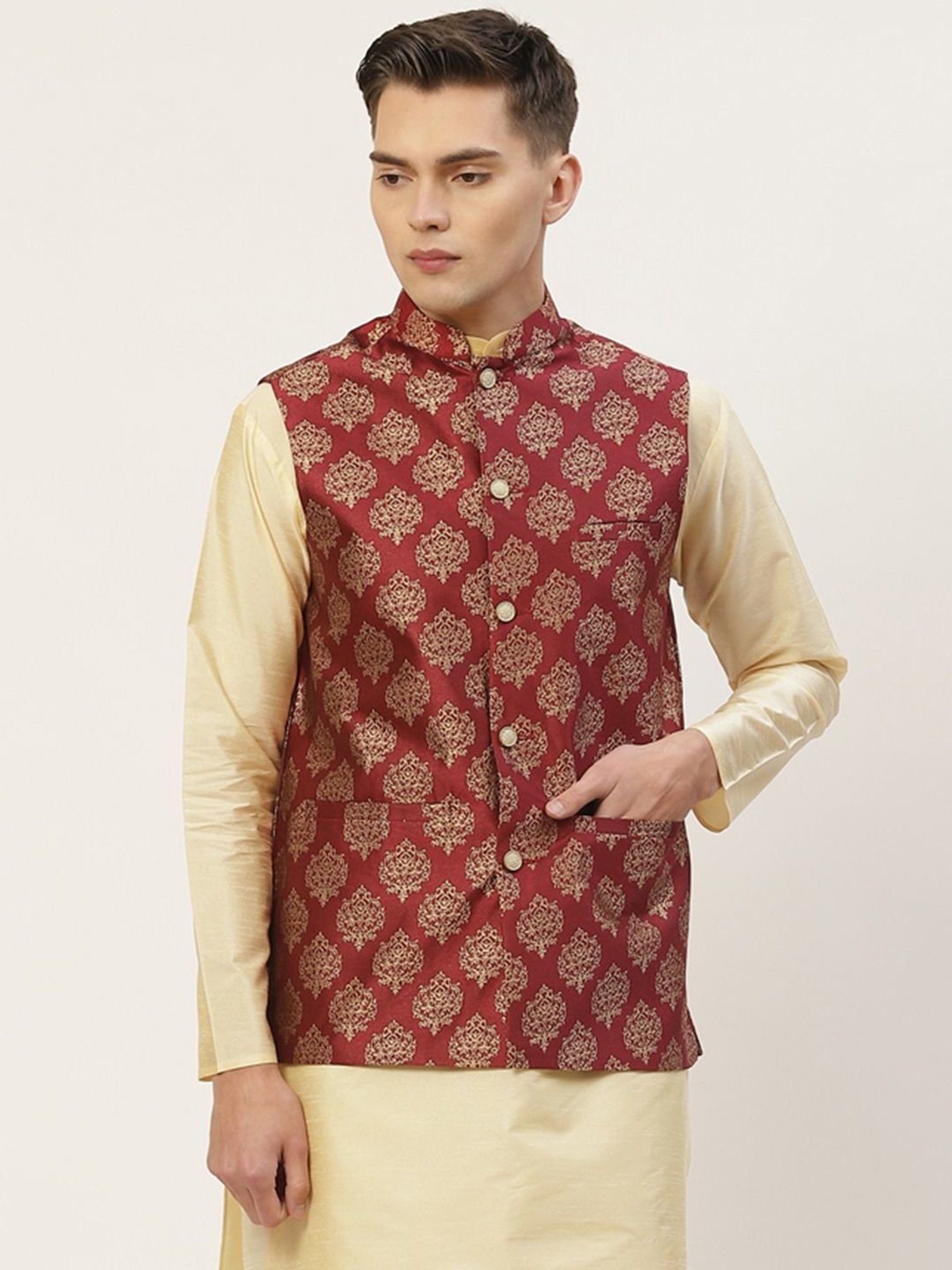 Jompers Maroon Regular Fit Printed Nehru Jacket