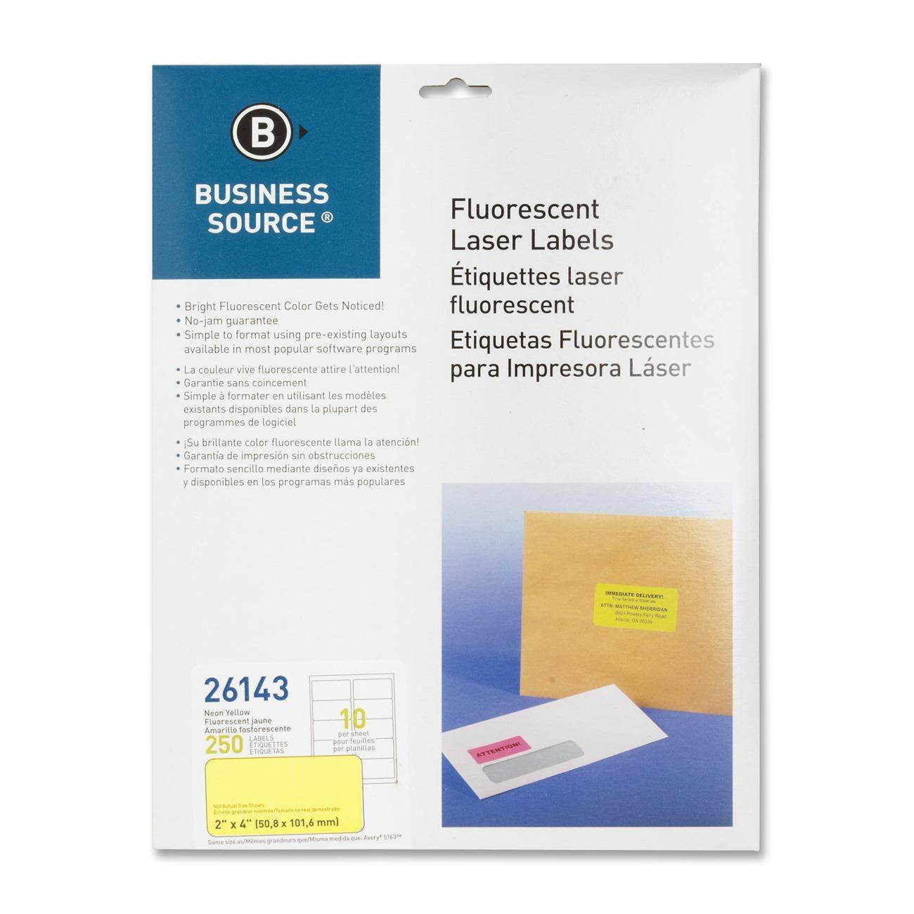 Business Source Laser Labels Fluorescent 2"x4" 250/PK Neon Yellow 26143