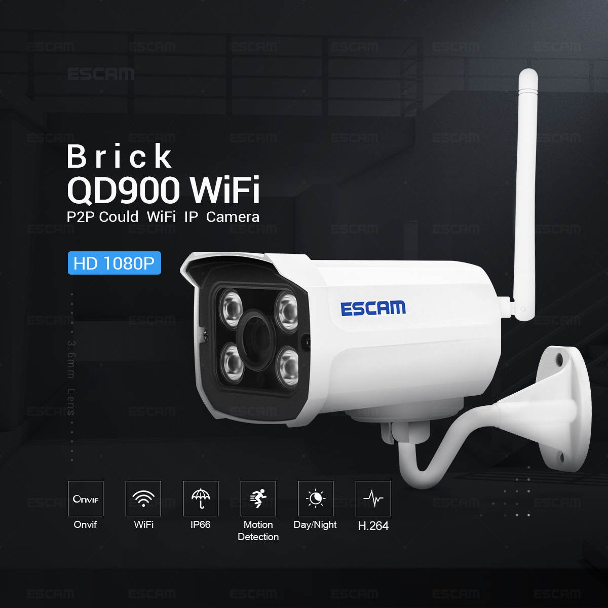 ESCAM Brick QD900WIFI ONVIF HD 1080P P2P Private Cloud Waterproof Security WiFi Bullet IP Camera
