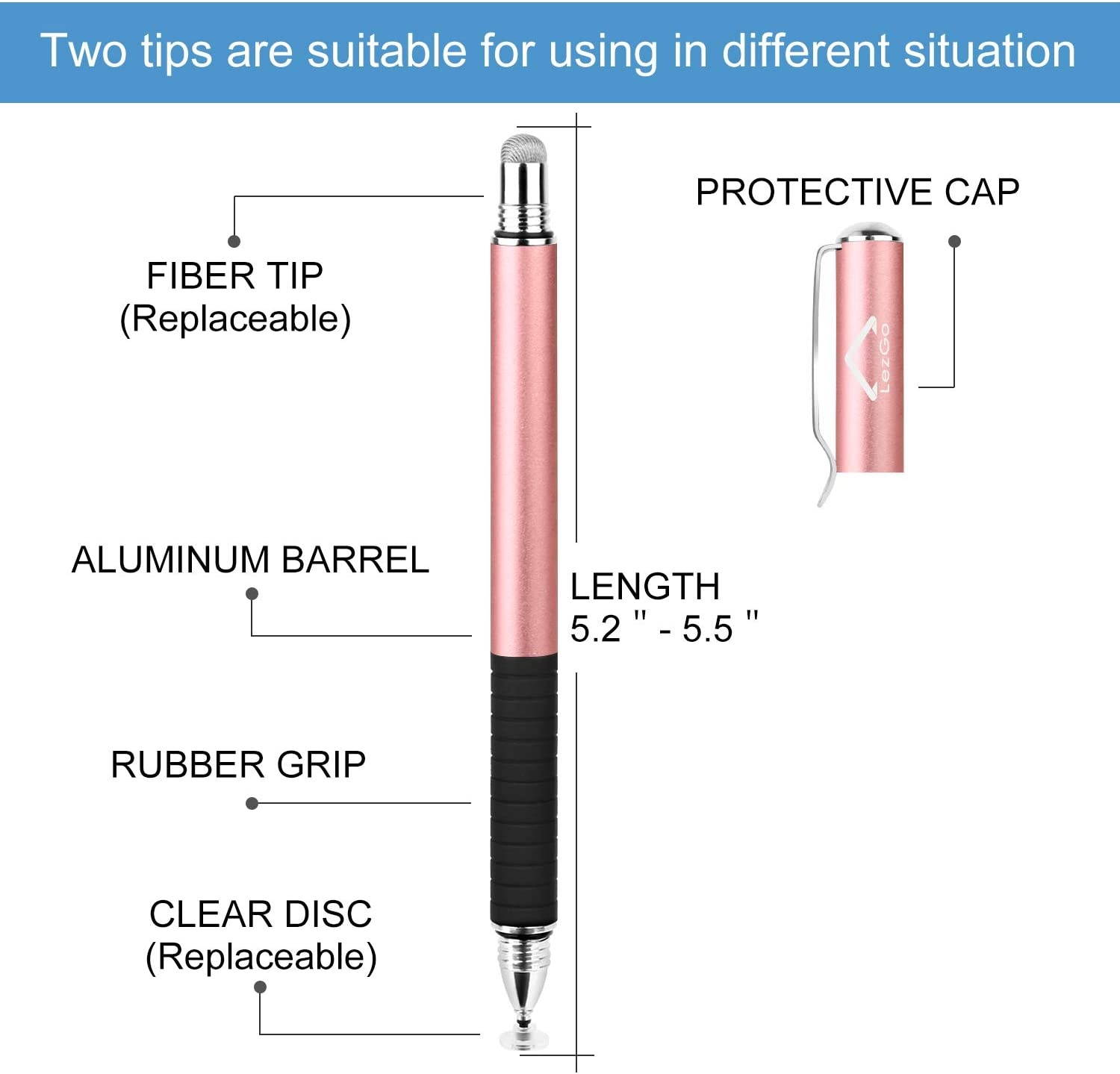 Stylus Pens for Touch Screens, LezGo 2-in-1 Universal Disc Stylus for iPad, iPhone and All Other Capacitive Cellphones, Tablets, Laptops Bundle with 3 Replacement Tips (Pink)