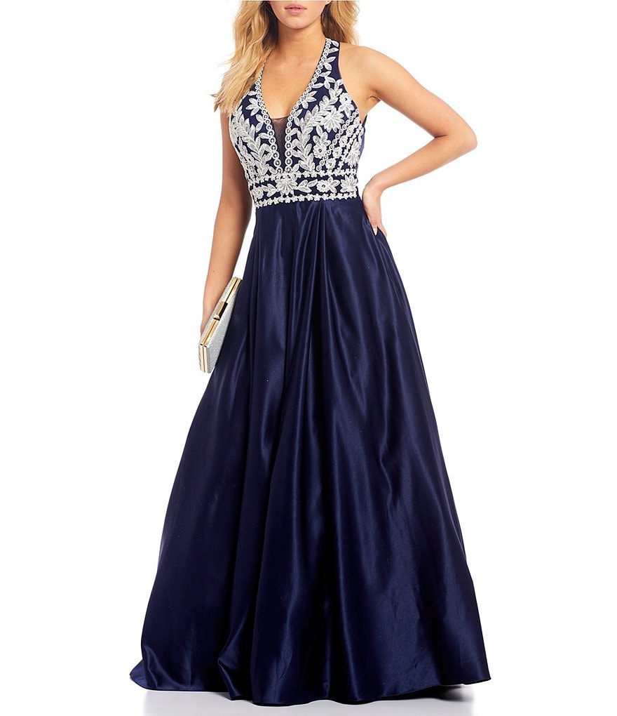 Blondie Nites Embroidered Bodice Halter Ball Gown