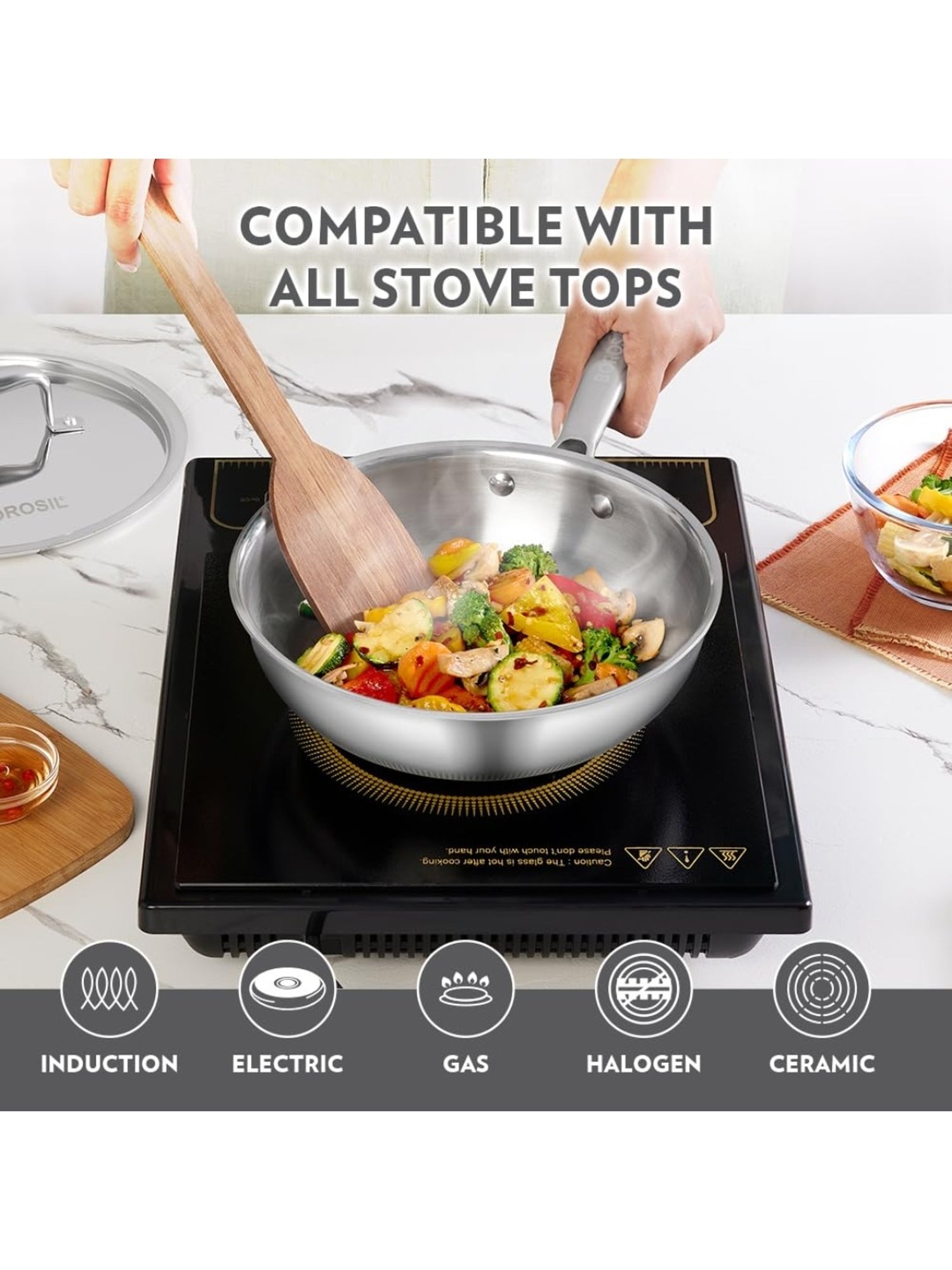 ?Borosil Silver ?Stainless Steel  Wok with Lid