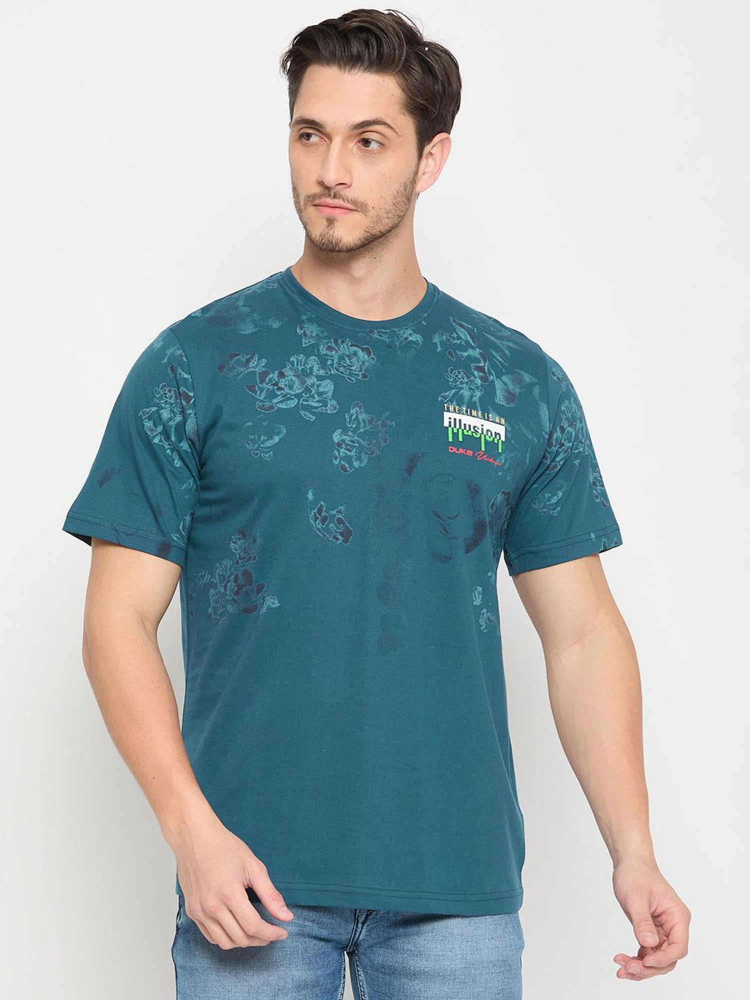 Duke Petrol Blue Slim Fit Printed T-Shirt