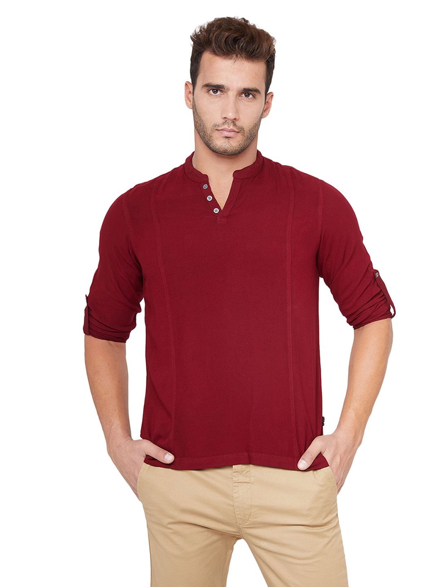 Identiti Maroon Full Sleeves Solid Slim Fit Short Kurta