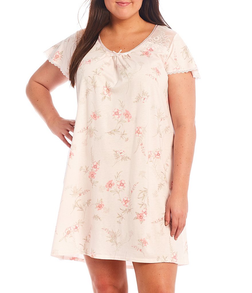Miss Elaine Plus Floral Short Sleeve Knit Short Nightgown