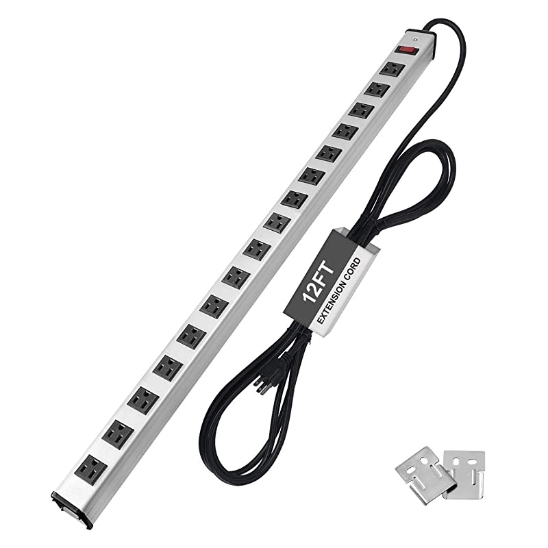 WideSpaced 16Outlet Metal Surge Protector Power Strip with 12ft Long Extension Cord 450 Joules 15A Switch with Circuit Breaker Silver