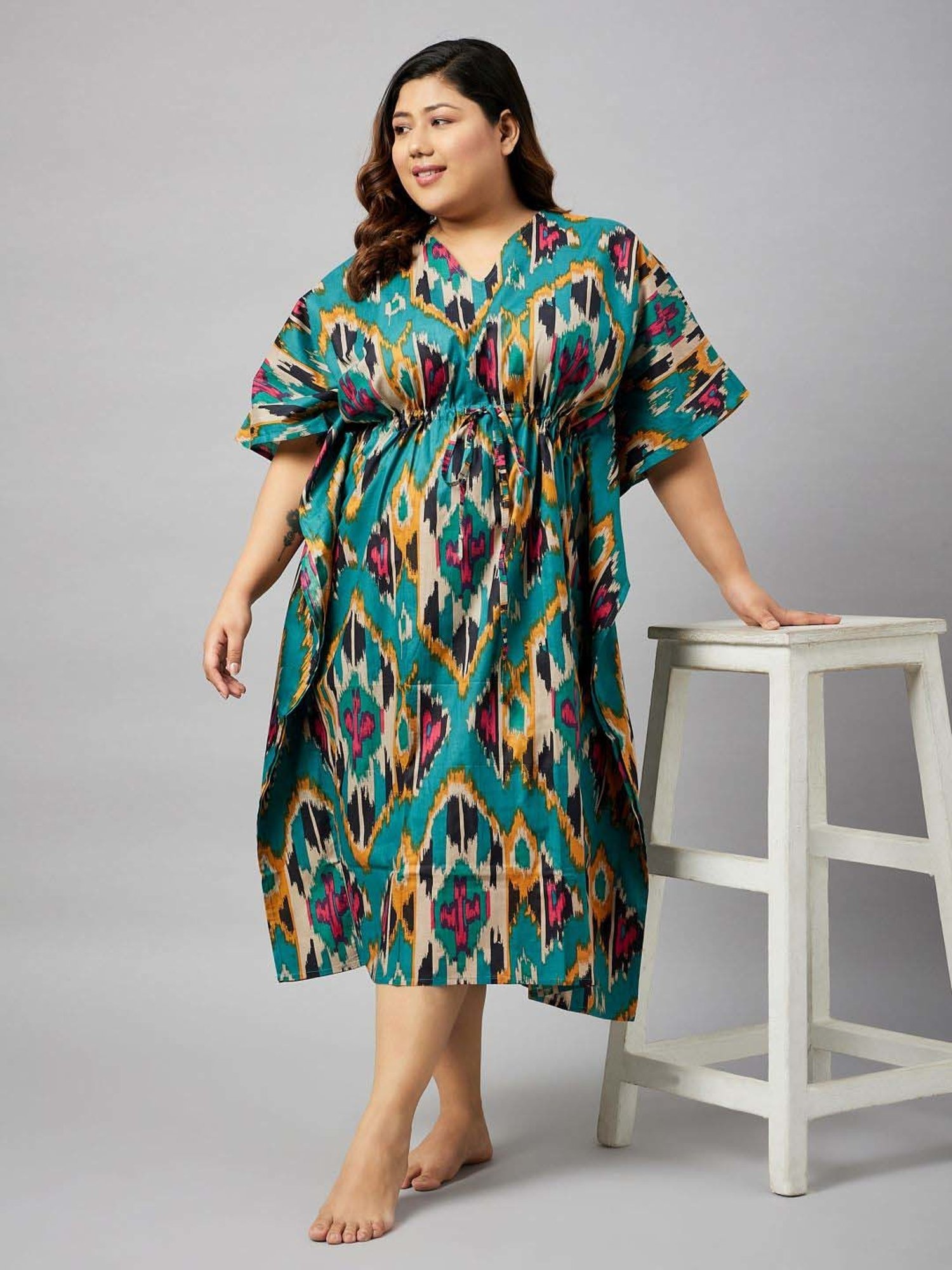 Secrets By ZeroKaata Teal Green Cotton Printed Kaftan