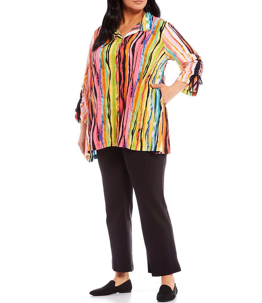 John Mark Plus Size Multi Stripe Wire Point Collar Neck Side Seam Pocket Button-Front 3/4 Sleeve Tunic