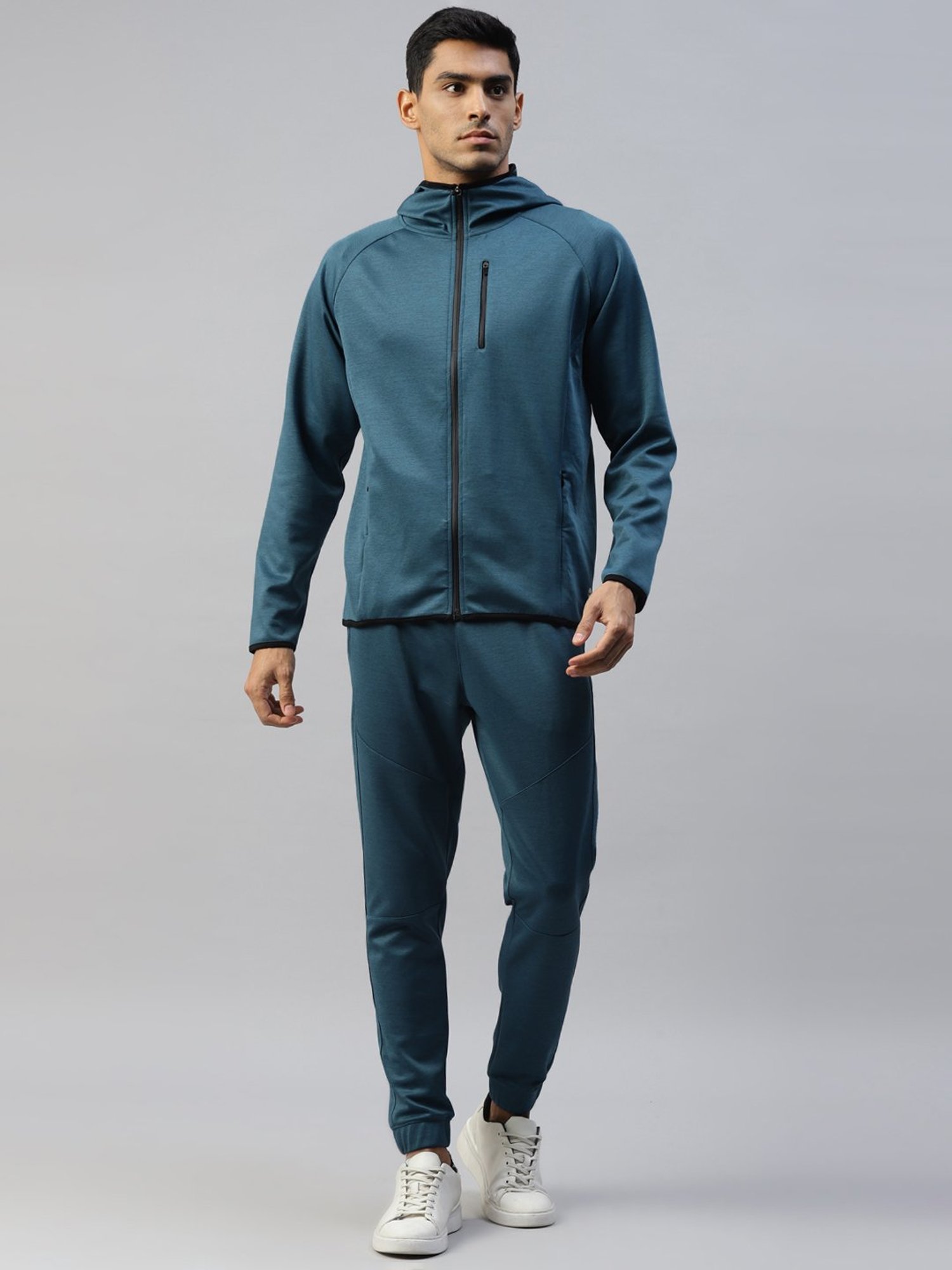 Slowave Teal Regular Fit Sports Hooded Jacket & Joggers Set