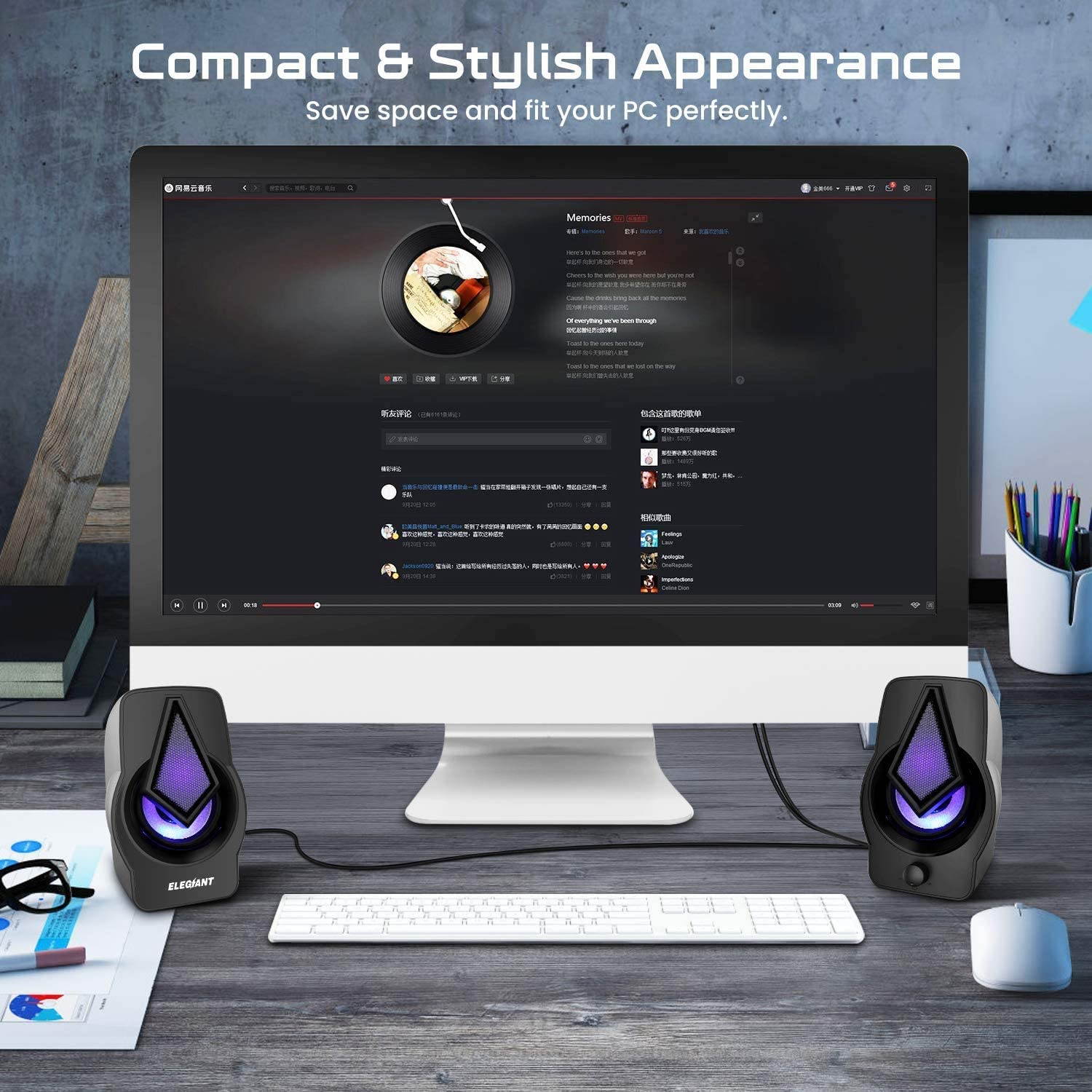 Computer Speakers PC Speakers 2.0 USB Powered Stereo Volume Control with LED Light Mini Portable Gaming Speakers 3.5mm for PC Cellphone Tablets Desktop Laptop