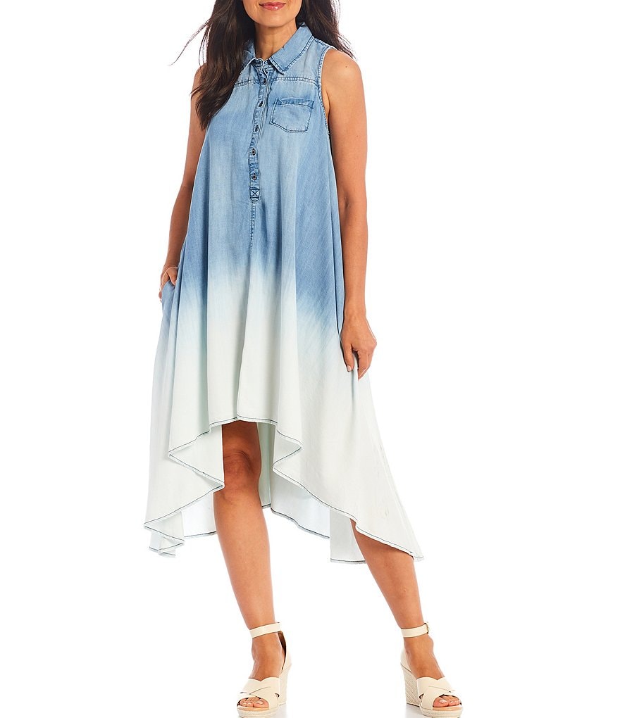 Reba Deep Dye Ombre Hi-Low Collared Chambray Dress