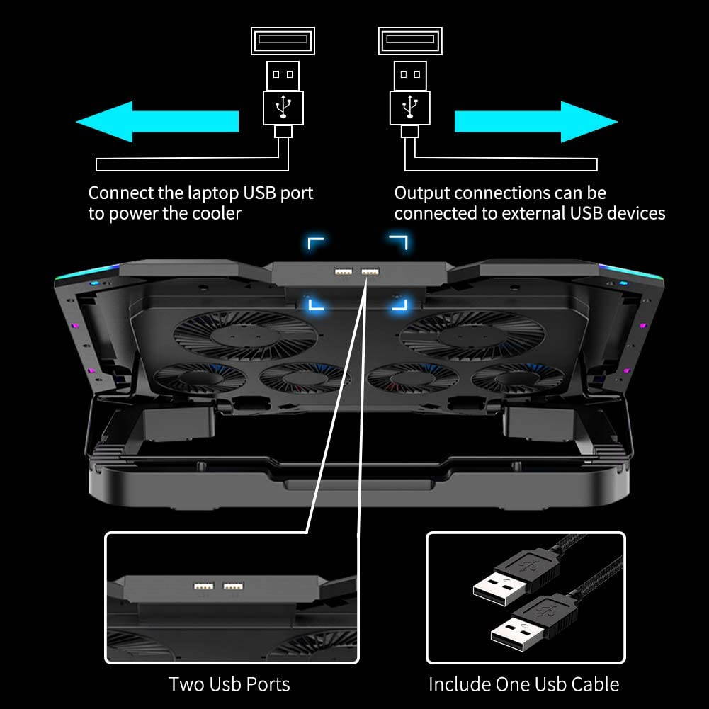 RGB Laptop Cooling Pad 15.6-17.3 Inch, Gaming Laptop Cooler Stand with 6 Quiet Cooling Fans and 6 Height Adjustable, LCD Screen and RGB Lights, Two USB Ports, One Phone Stand