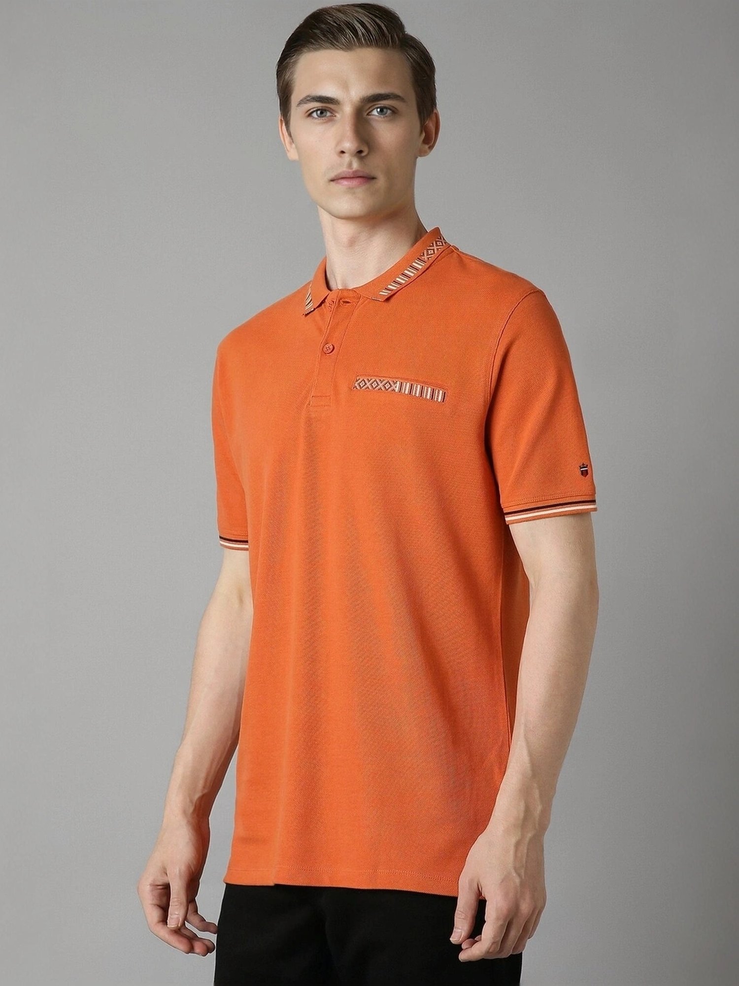 Louis Philippe Orange Cotton Slim Fit Printed Polo T-Shirt