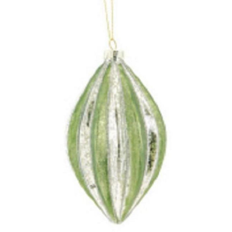 Melrose 6" Moss Green and Silver Glittered Rib Striped Mercury Glass Pendant Christmas Ornament