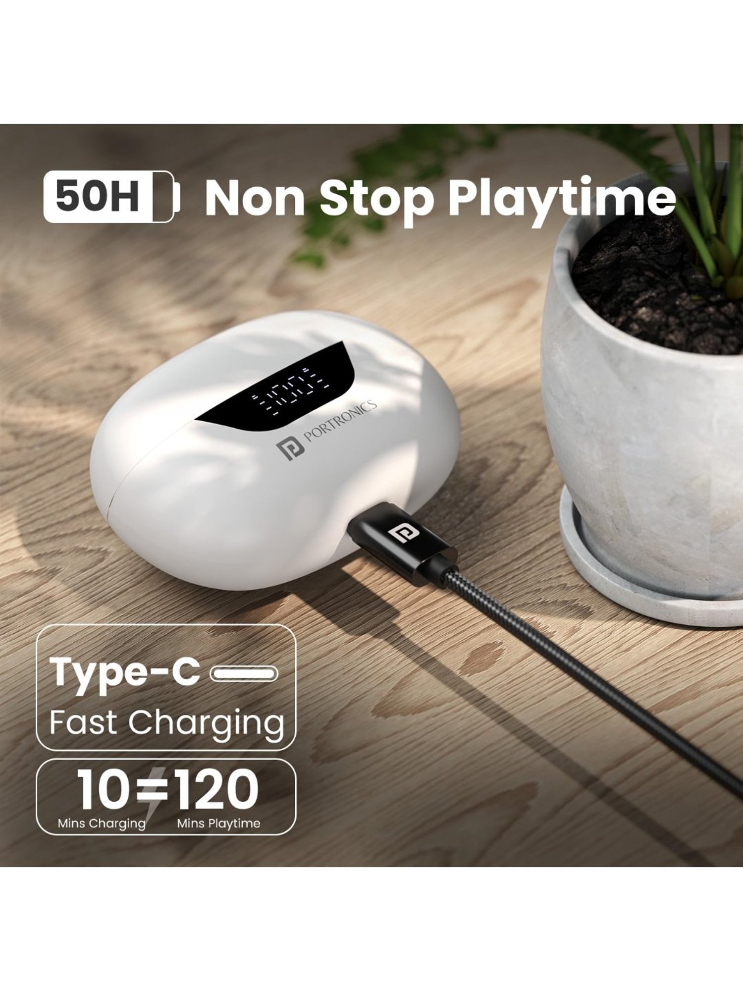 Portronics Harmonics Twins 28 in Ear Earbuds with ANC & 50Hrs Playback (White, True Wireless)