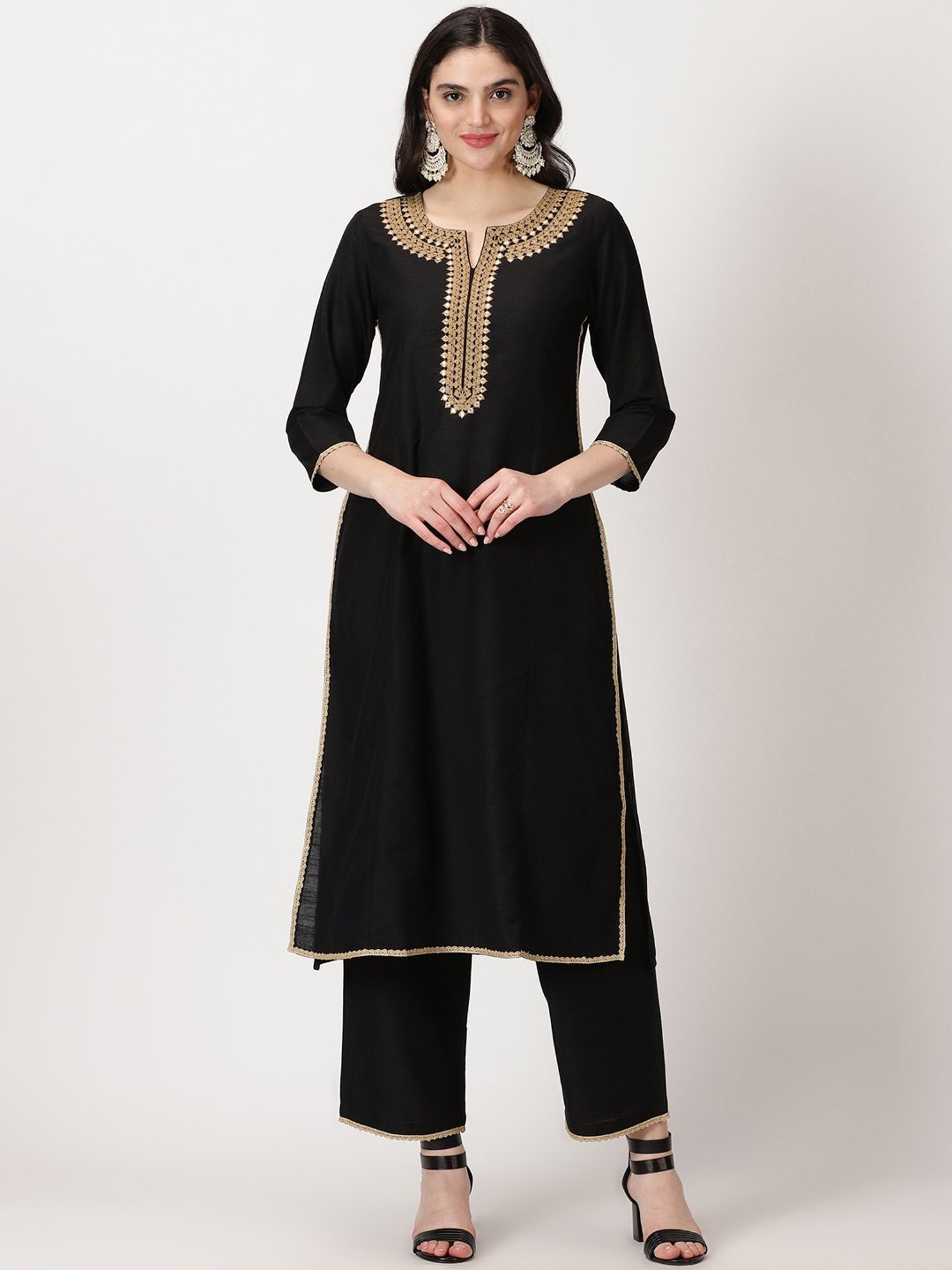 Saffron Threads Black Embroidered Straight Kurta