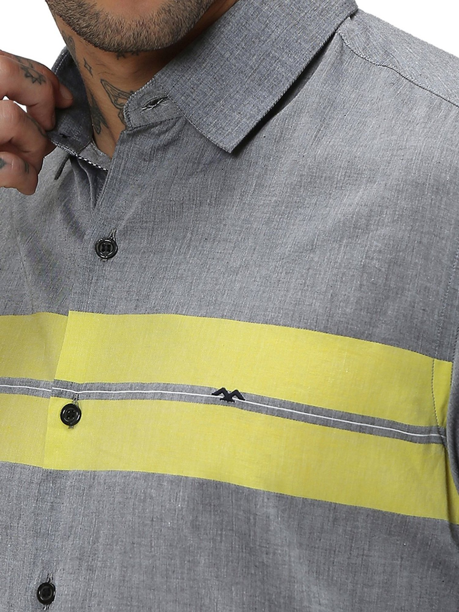 Mufti Grey Slim Fit Striped Cotton Shirt