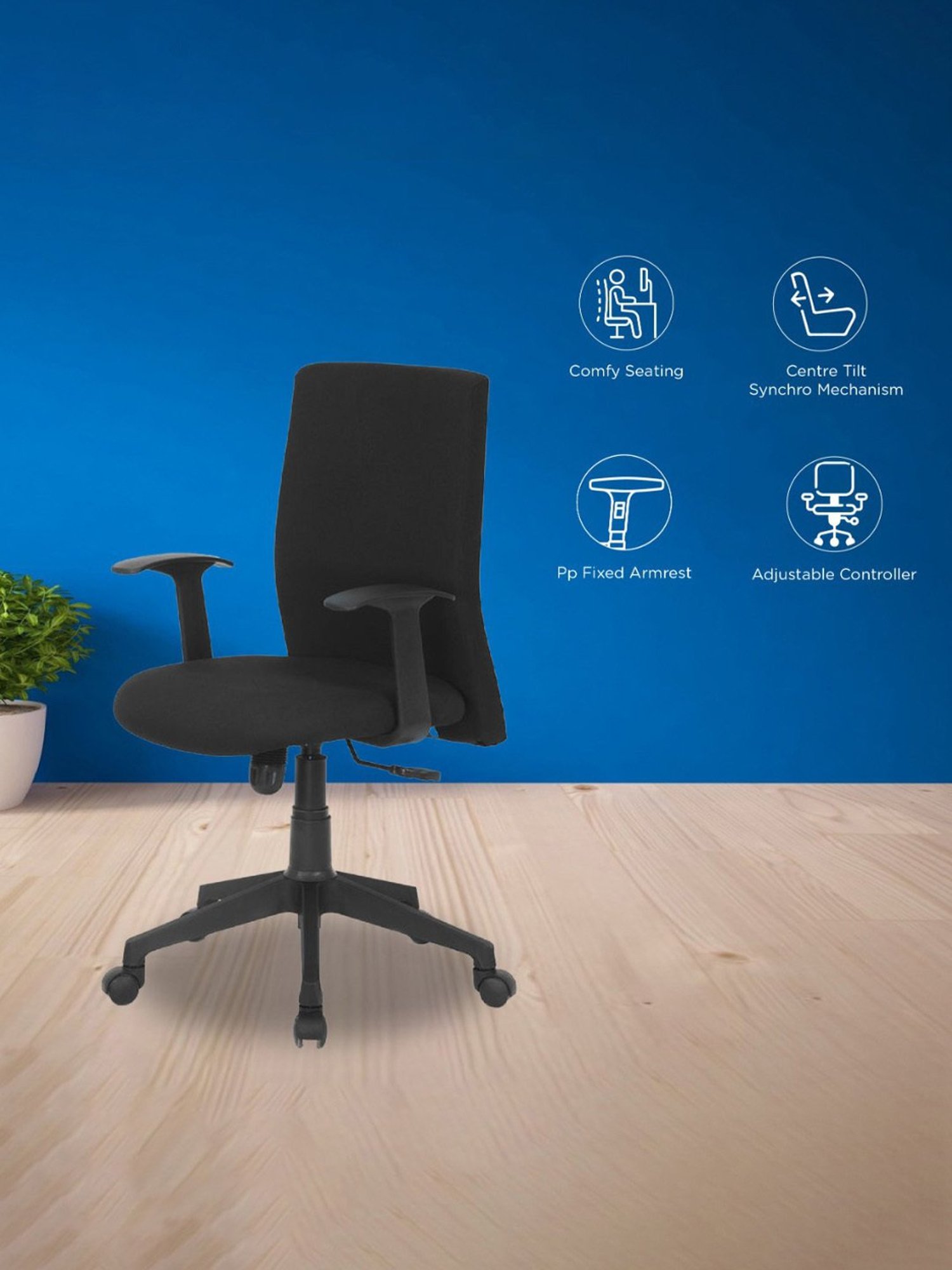 Nilkamal Optima Black Fabric Mid Back Office Chair with Height Adjustable & Swivel