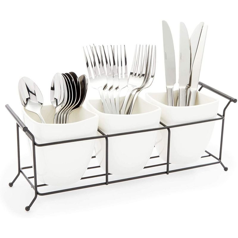 Farmlyn Creek White Ceramic Utensil Holder, Flatware Cutlery Caddy with Metal Stand 13"x4"x5"