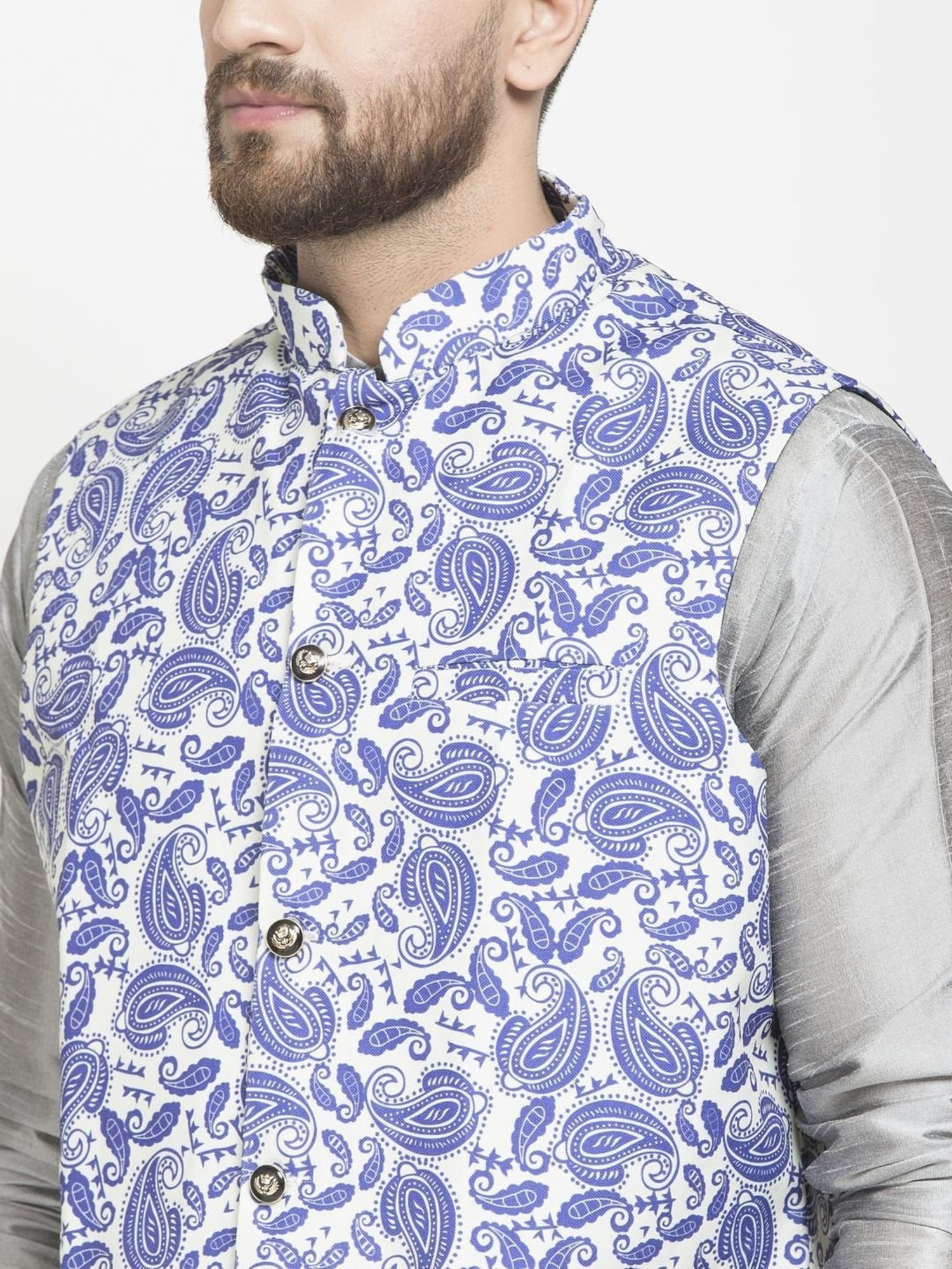 Benstoke Grey & Blue Regular Fit Paisley Kurta Set With Jacket