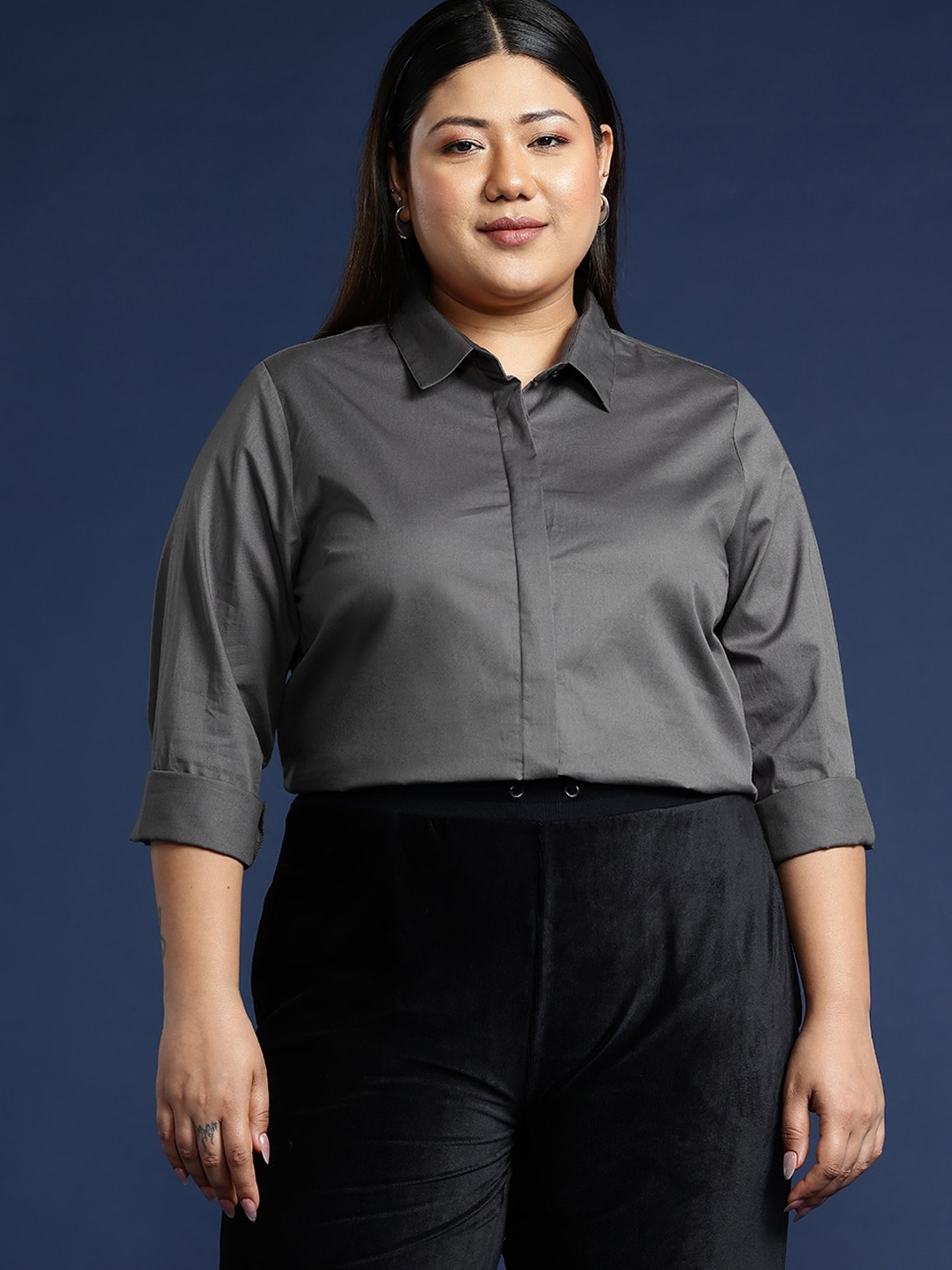 Hancock Grey Cotton Regular Fit Shirt