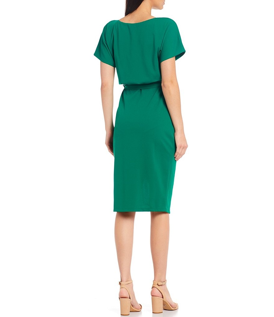 Kensie Textured Knit Boat Neck Tie Waist Short Sleeve Blouson Dress