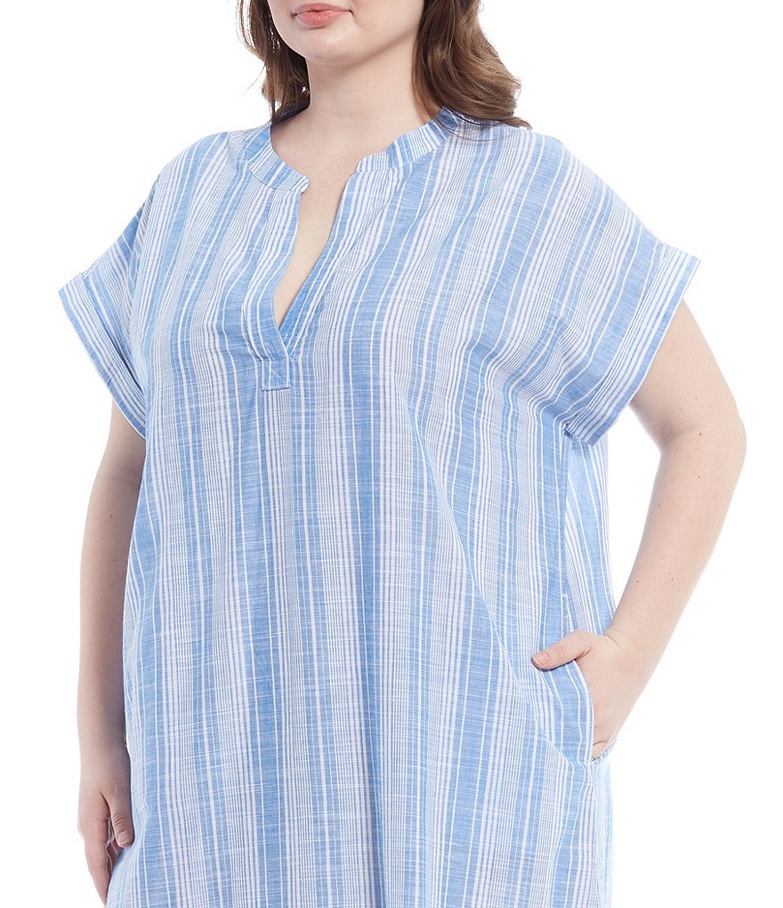 Kate Landry Plus Yarn-Dye Striped Short Sleeve Woven Long Caftan