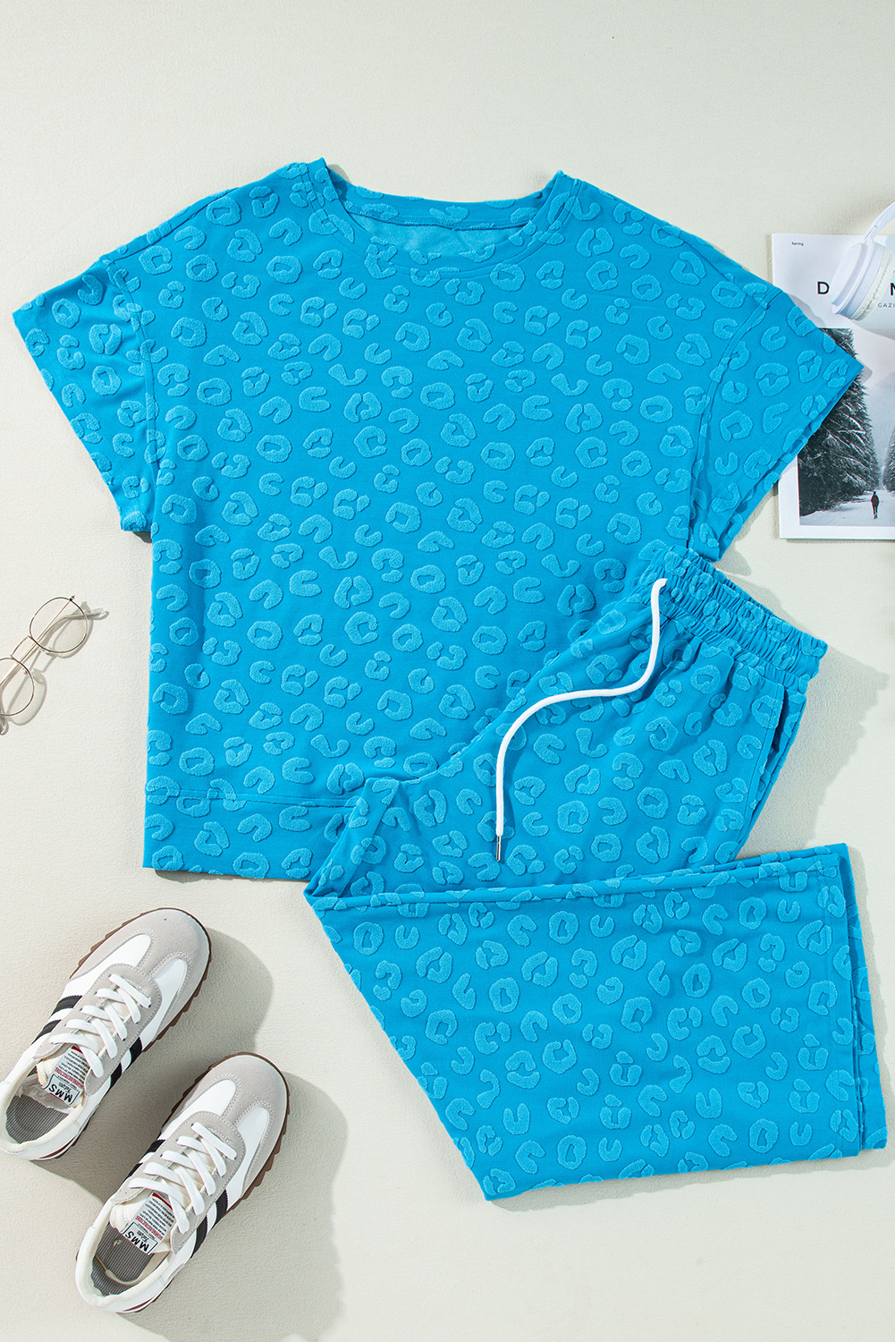 Green Solid Color Quilted Long Sleeve Top and Wide Leg Pants Set