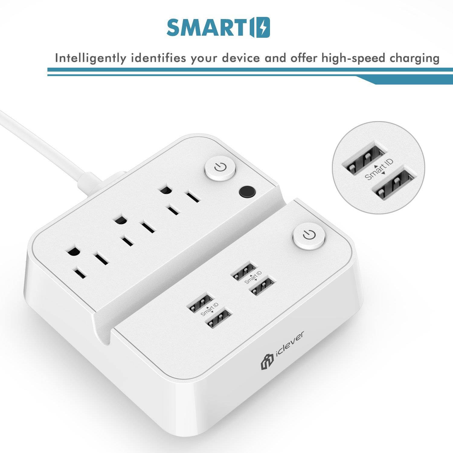 [Separate Switch Control] iClever BoostStrip IC-BS02 Smart Power Strip | USB Charger with 4 USB + 3 AC Outlets, Dual Switch Control Charging Station and Phone/Tablet Stand - White