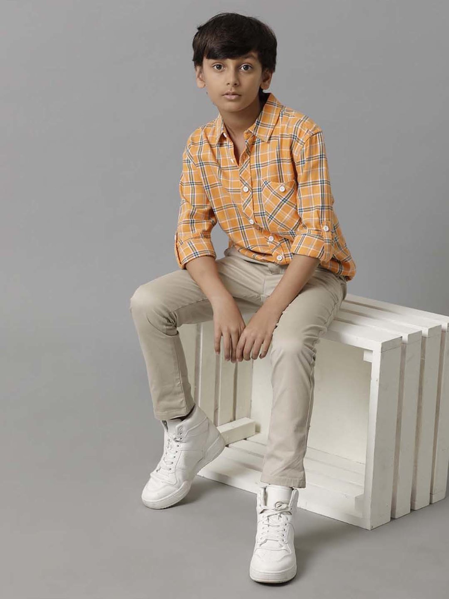 Under Fourteen Only Kids Orange & Blue Cotton Chequered Full Sleeves Shirt