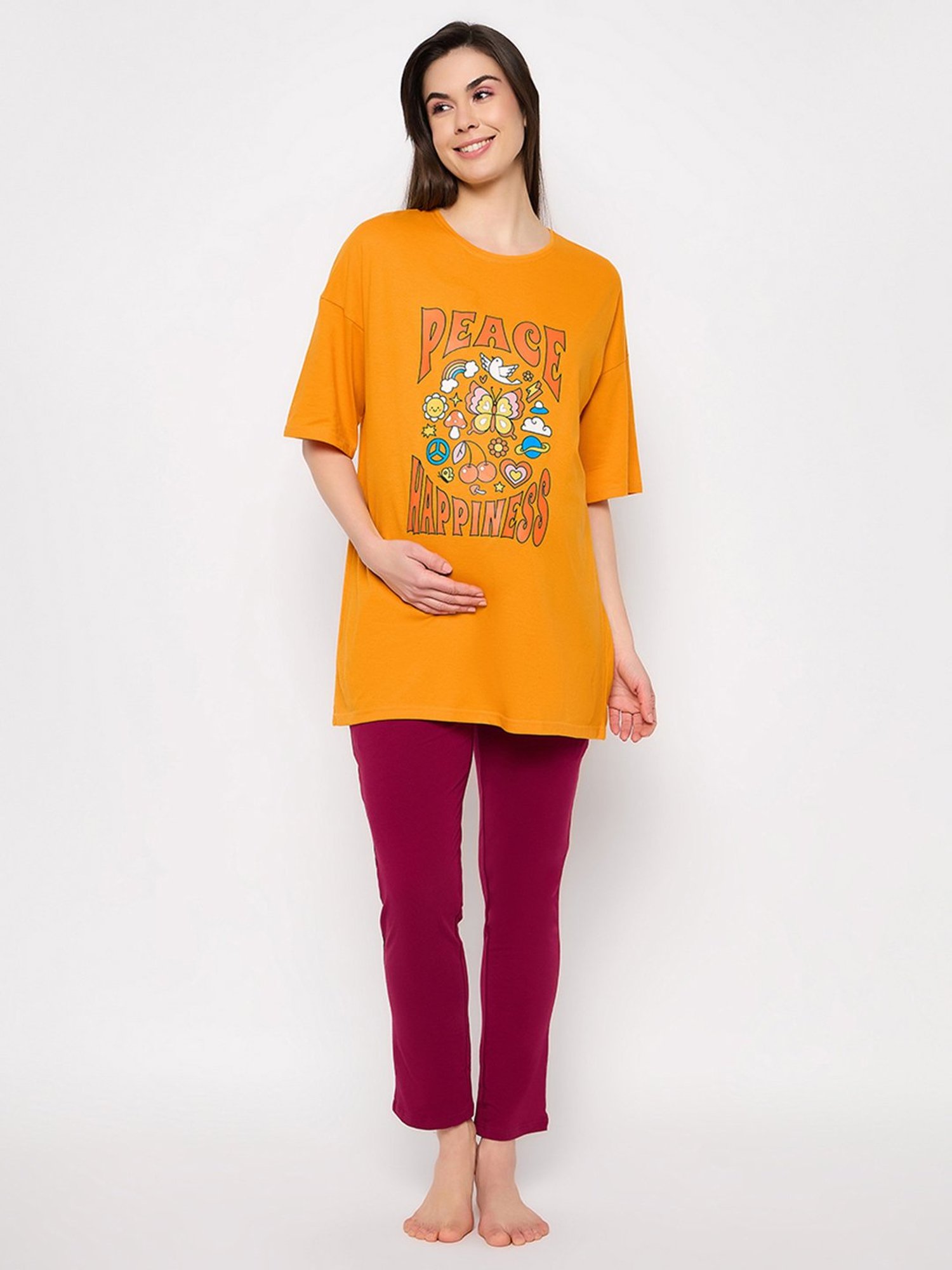 Clovia Yellow & Pink Graphic Print Maternity Top With Pyjamas