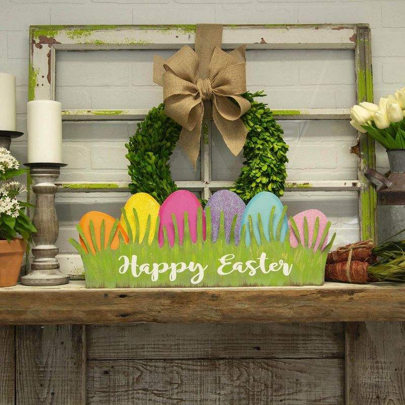 Easter 8.25" Happy Easter Grass With Eggs Colorful Glitter  -  Wall Sign Panels