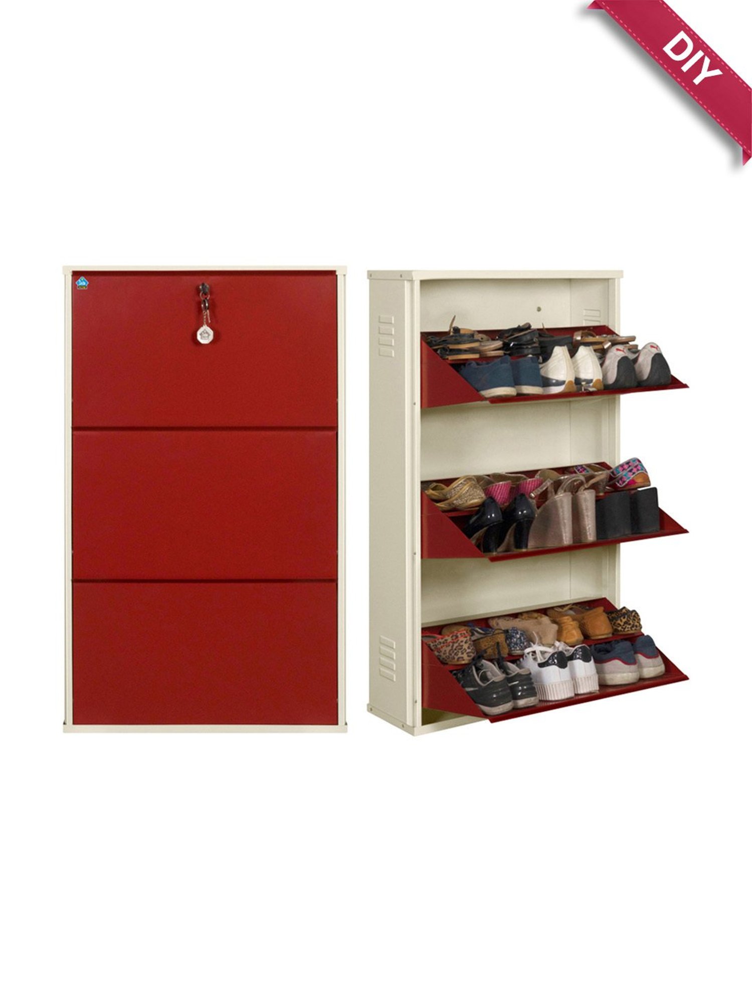 Delite Kom Metal Shoe Rack - 24" 6 Shelf, Double Decker, Ivory BrickRed, PowderCoat, Wall Mount, DIY