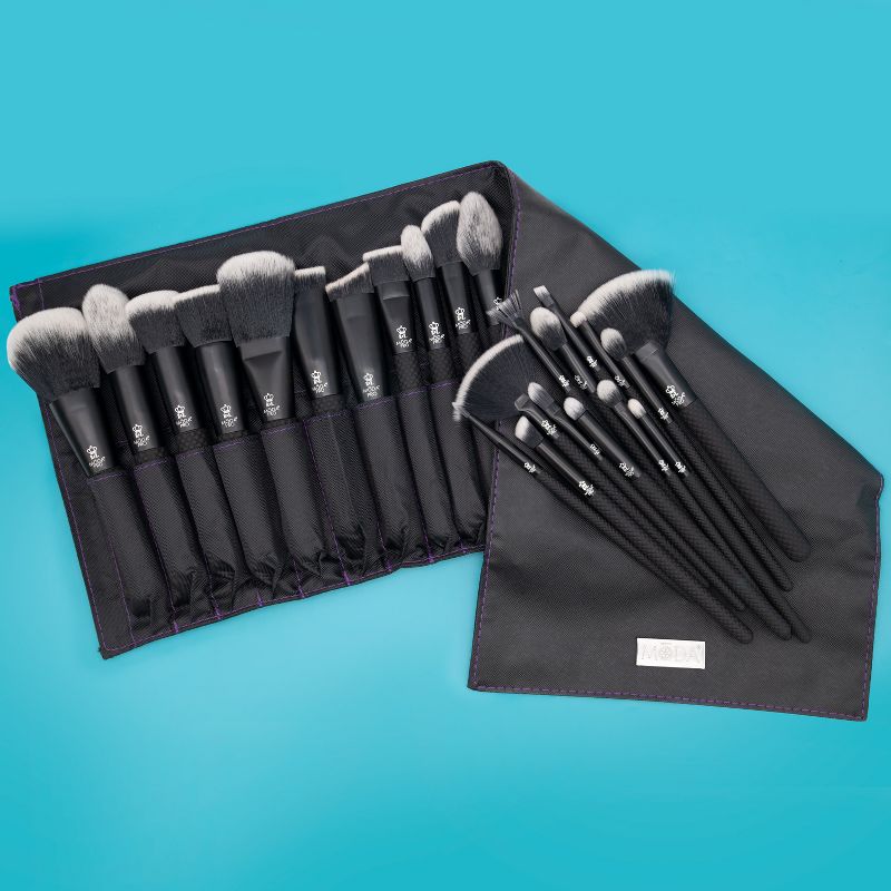 MODA Brush Pro Full Face 25pc Black Makeup Brush Set with Wrap, Includes - Powder, Angle Blush, Highlight, and Crease Brushes
