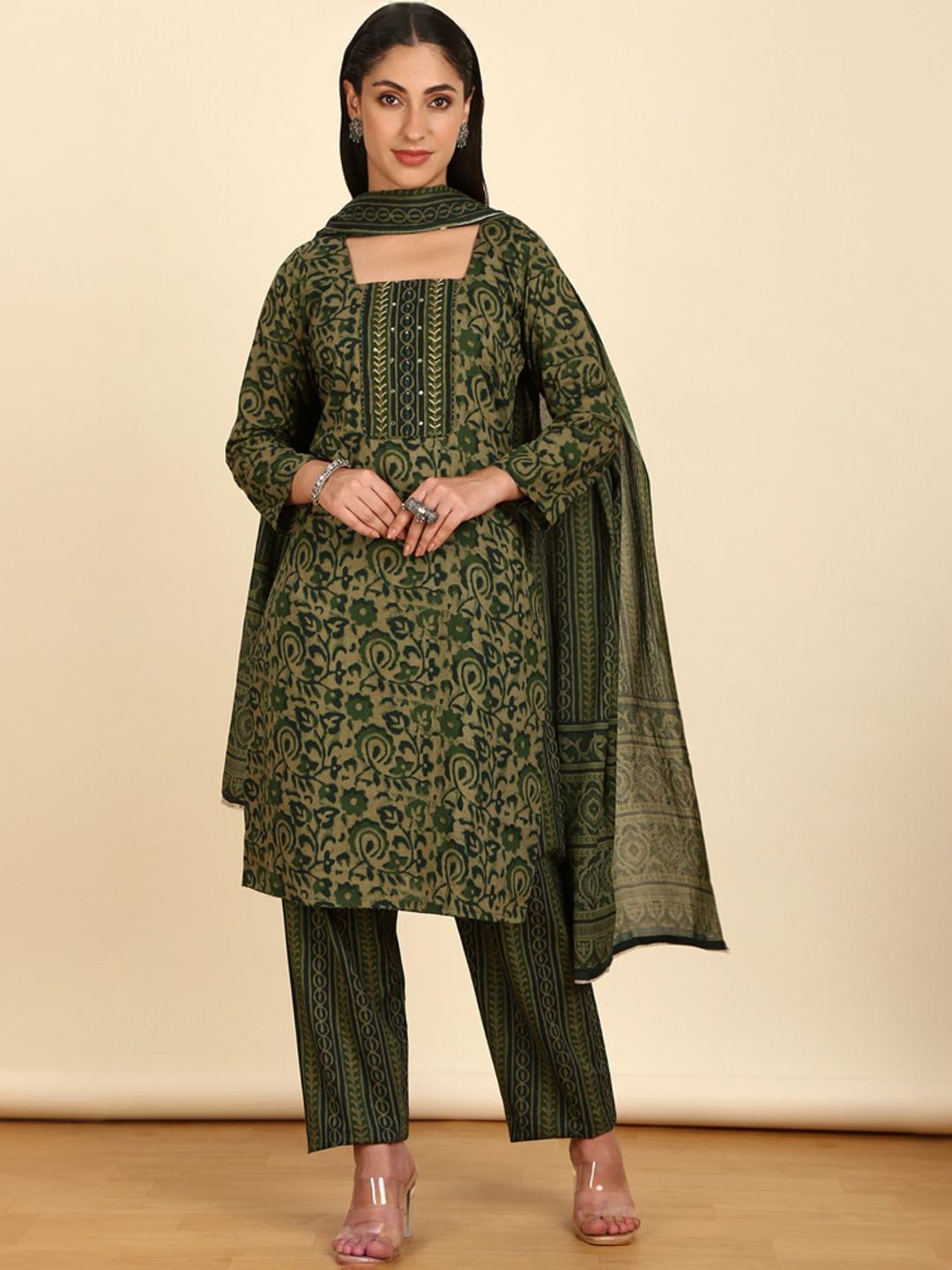 Soch Womens Olive Cotton Floral Print Unstitch Dress Material With Zari