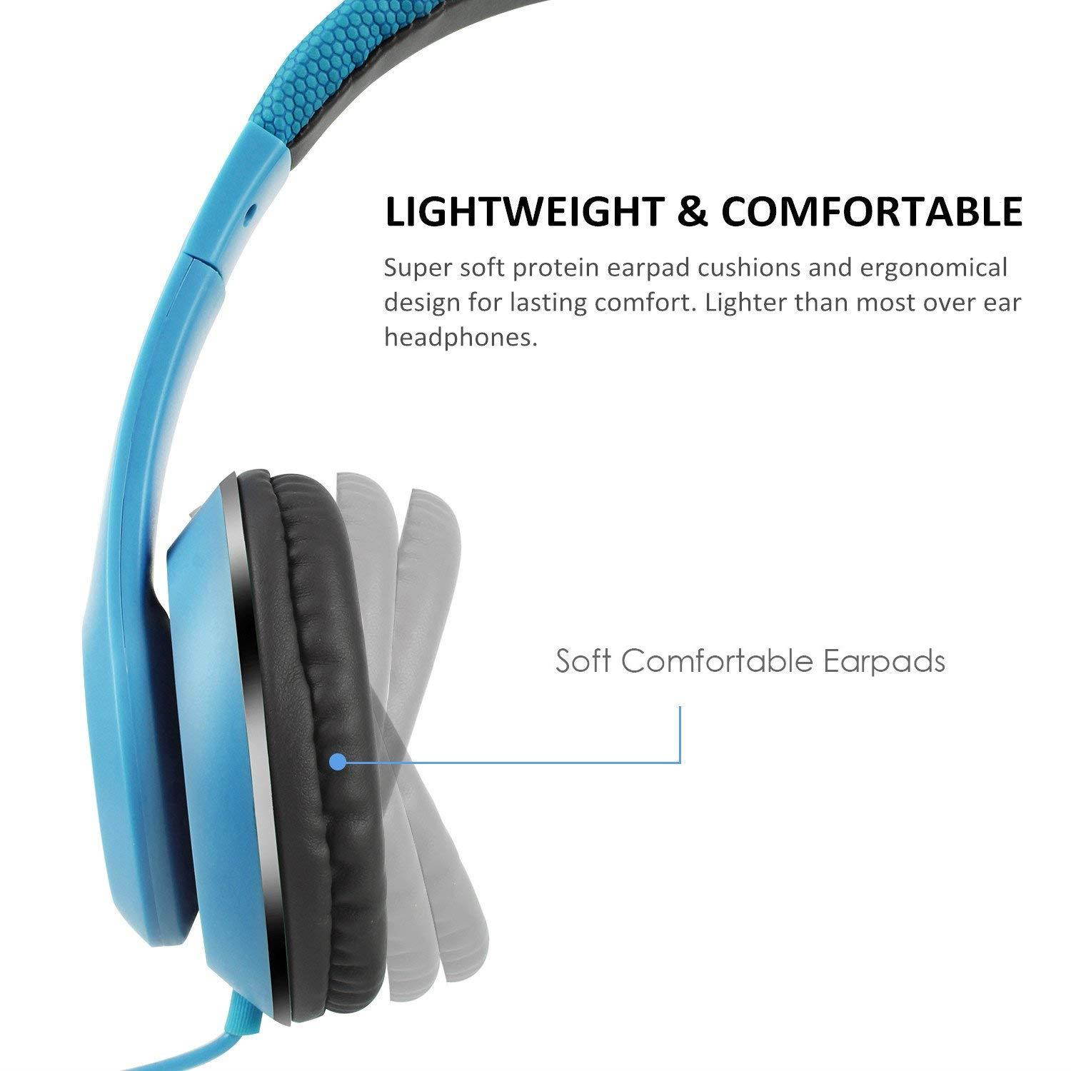 AUSDOM Over-Ear Headphones, Stereo Lightweight Adjustable Wired Headset with Mic, Noise Isolating Comfortable Leather Earphones, Hi-Fi Deep Bass for iPhone iPod iPad Macbook MP3 Cellphones Laptop-Blue