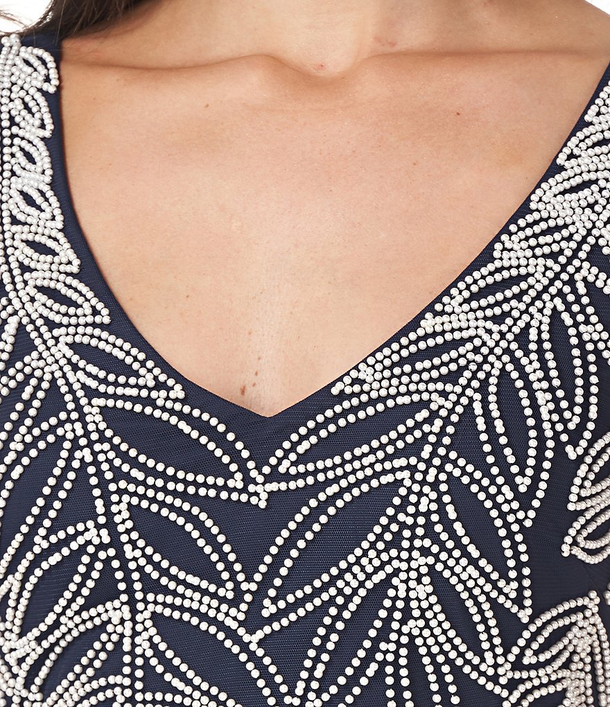 JS Collections Beaded Mesh Sleeveless V-Neck Midi Dress