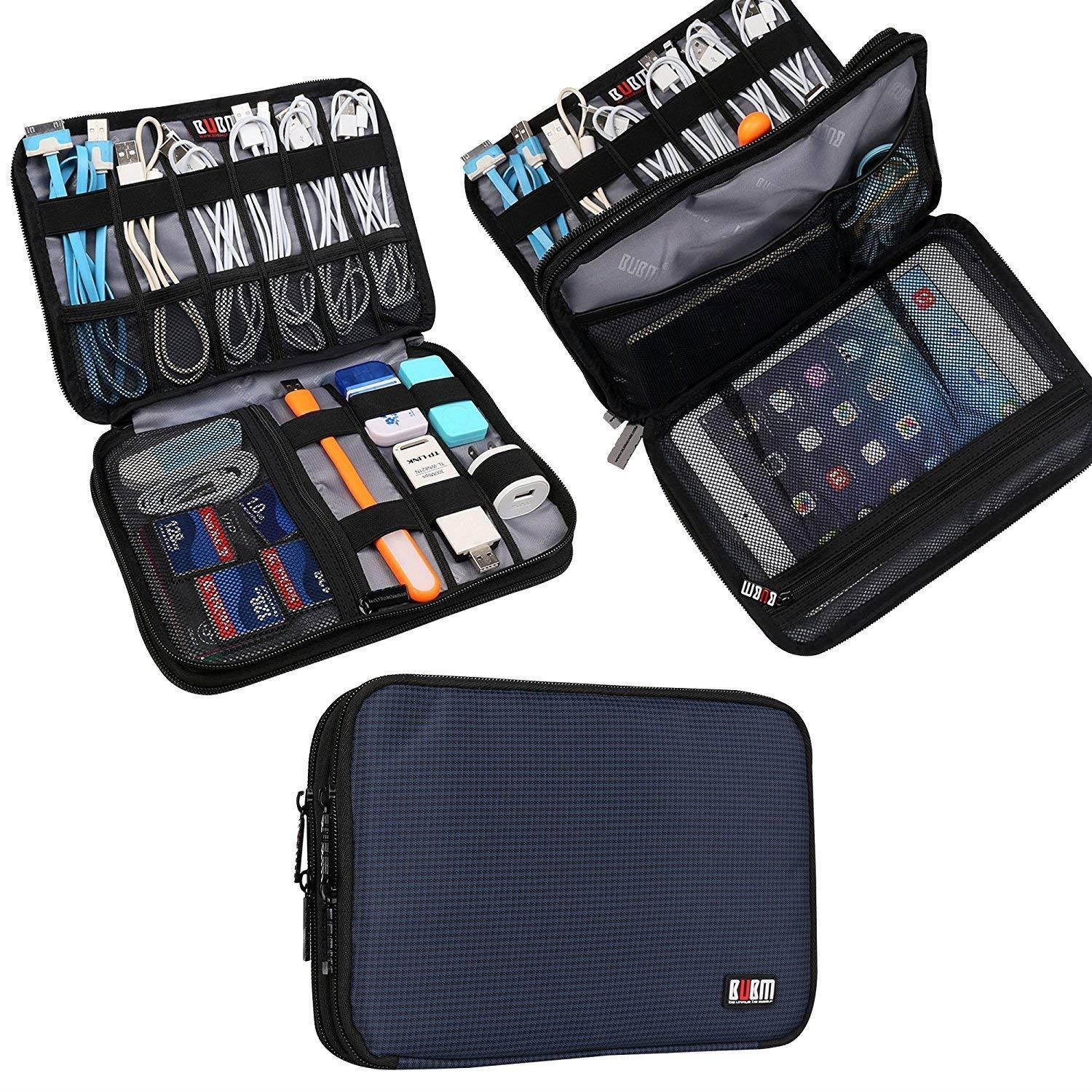 BUBM Double Layer Electronic Accessories Organizer, Travel Gadget Bag for Cables, USB Flash Drive, Plug and More, Perfect Size Fits for iPad Mini (Medium, Dark Blue)