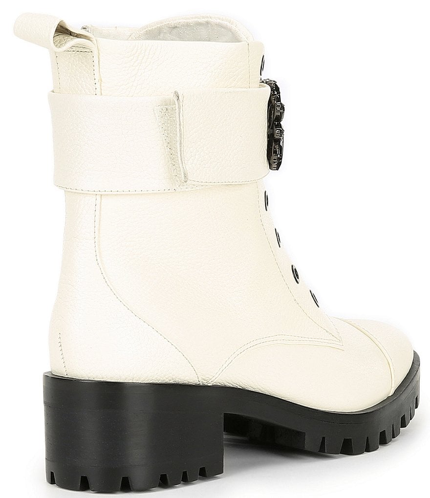 KARL LAGERFELD PARIS Pippa Jeweled Strap Leather Lug Sole Combat Booties